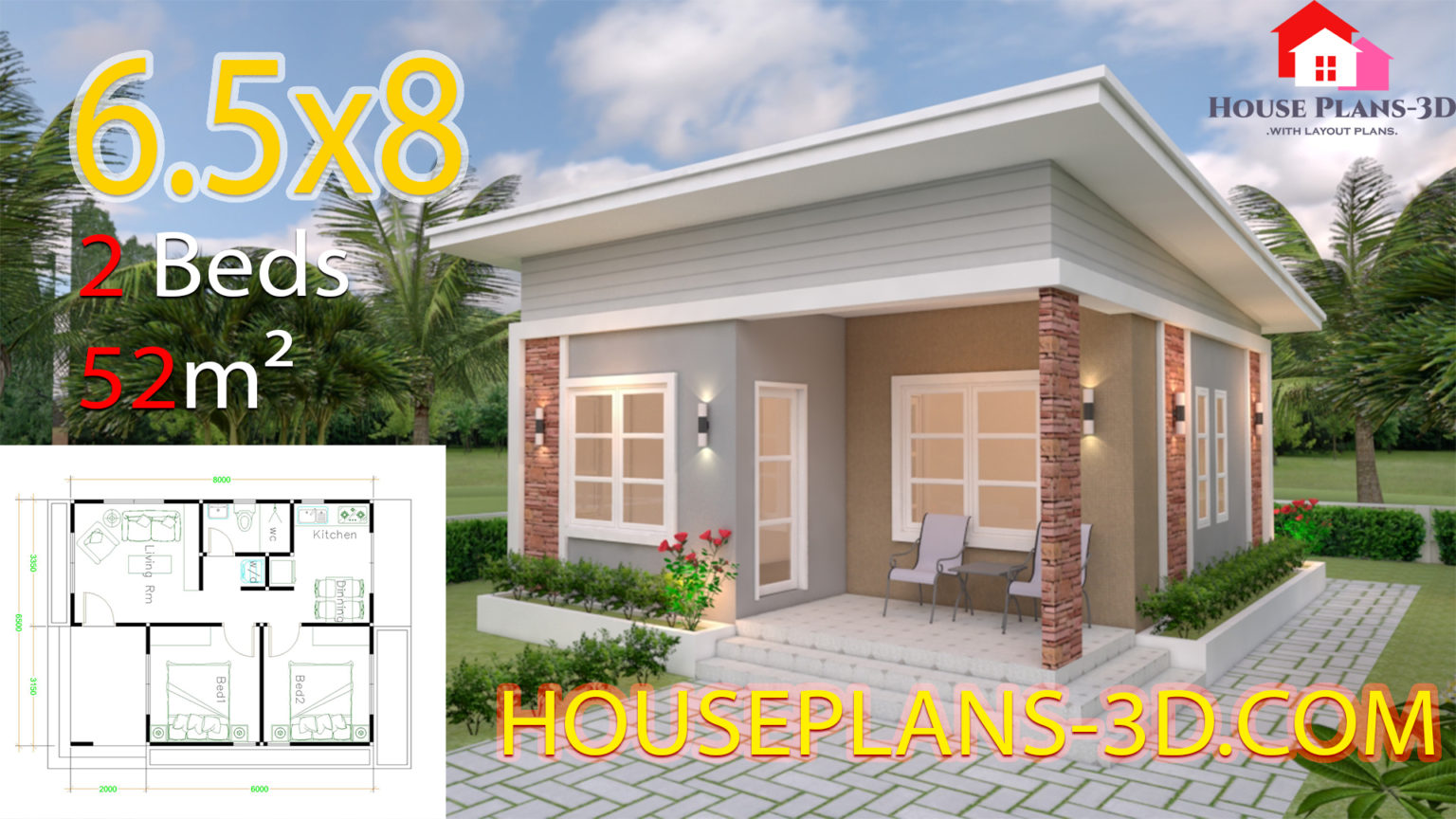 House Design Plans 6.5x8 with 2 Bedrooms Shed Roof - House Plans 3D