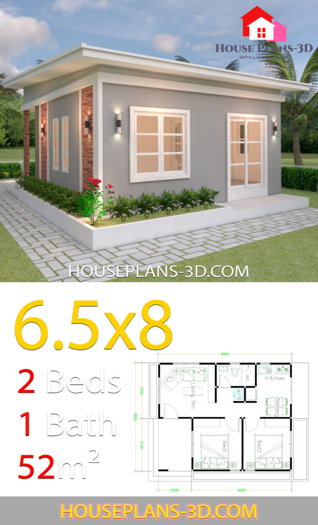 House Design Plans 6.5x8 with 2 Bedrooms Shed Roof - House Plans 3D