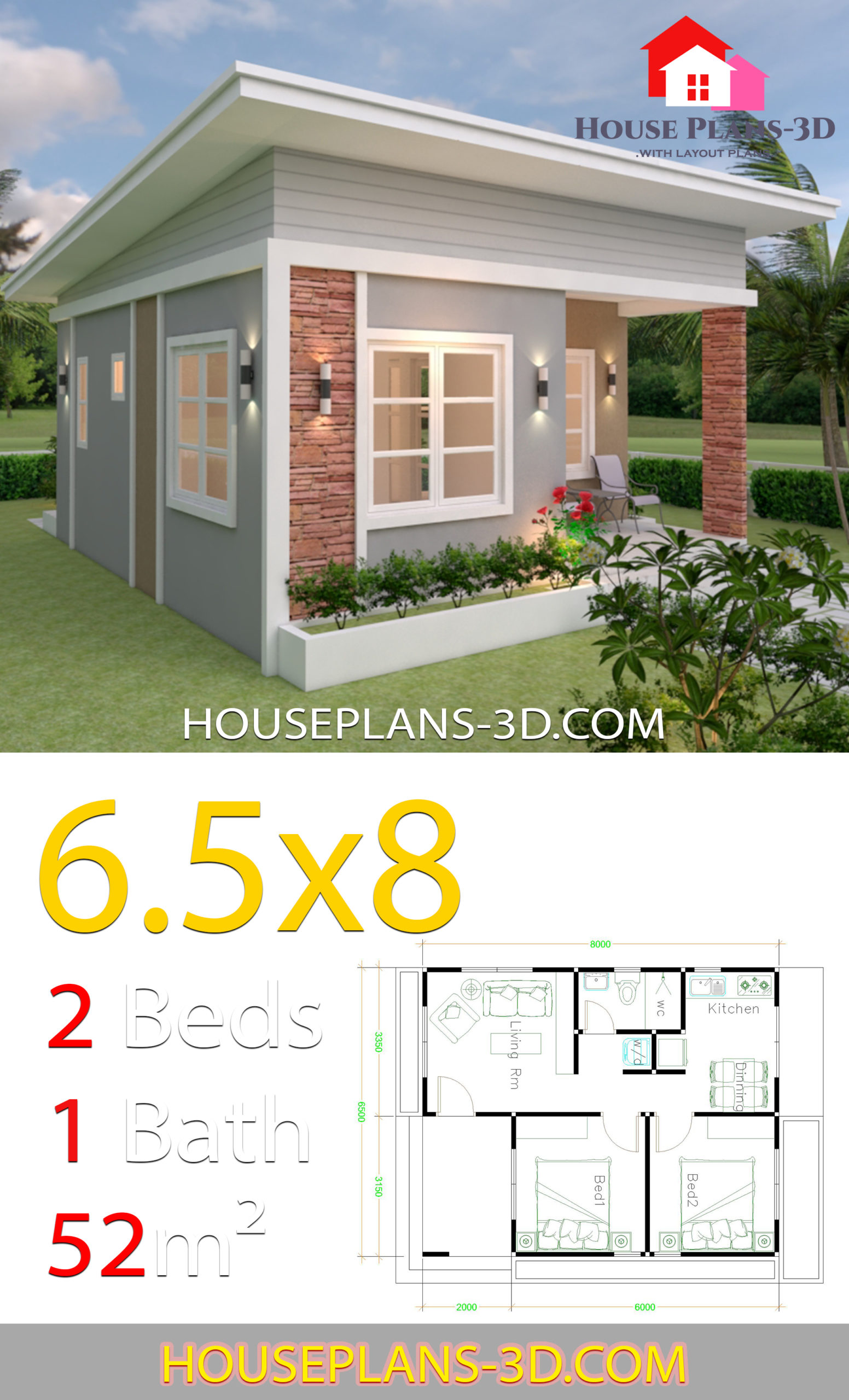 House Design Plans 6.5x8 with 2 Bedrooms Shed Roof 3d1