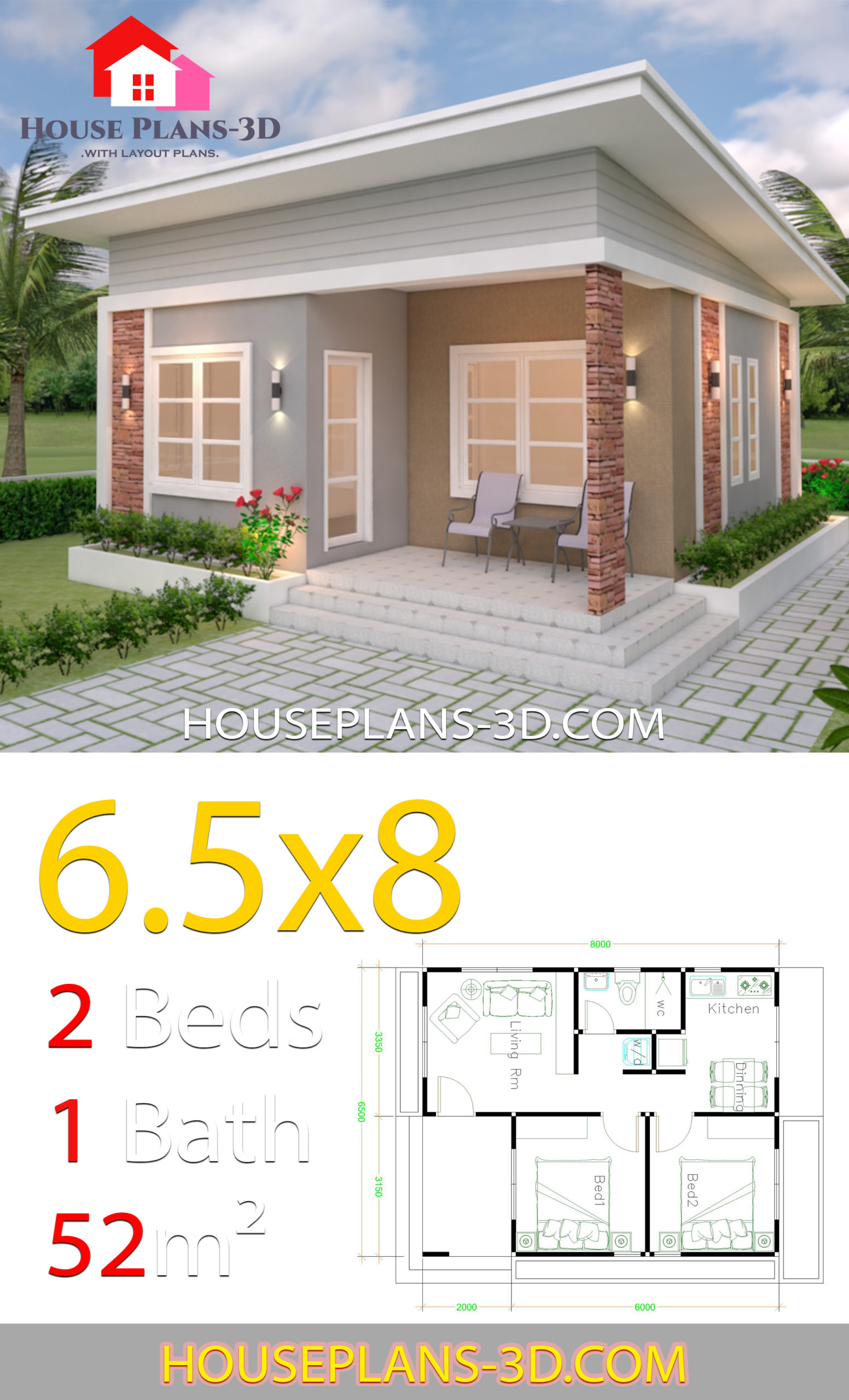 House Design Plans 6.5x8 with 2 Bedrooms Shed Roof 3d 2