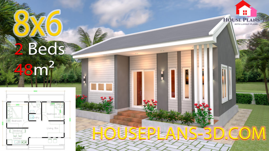 House Design Plans 8x6 with 2 Bedrooms - House Plans 3D