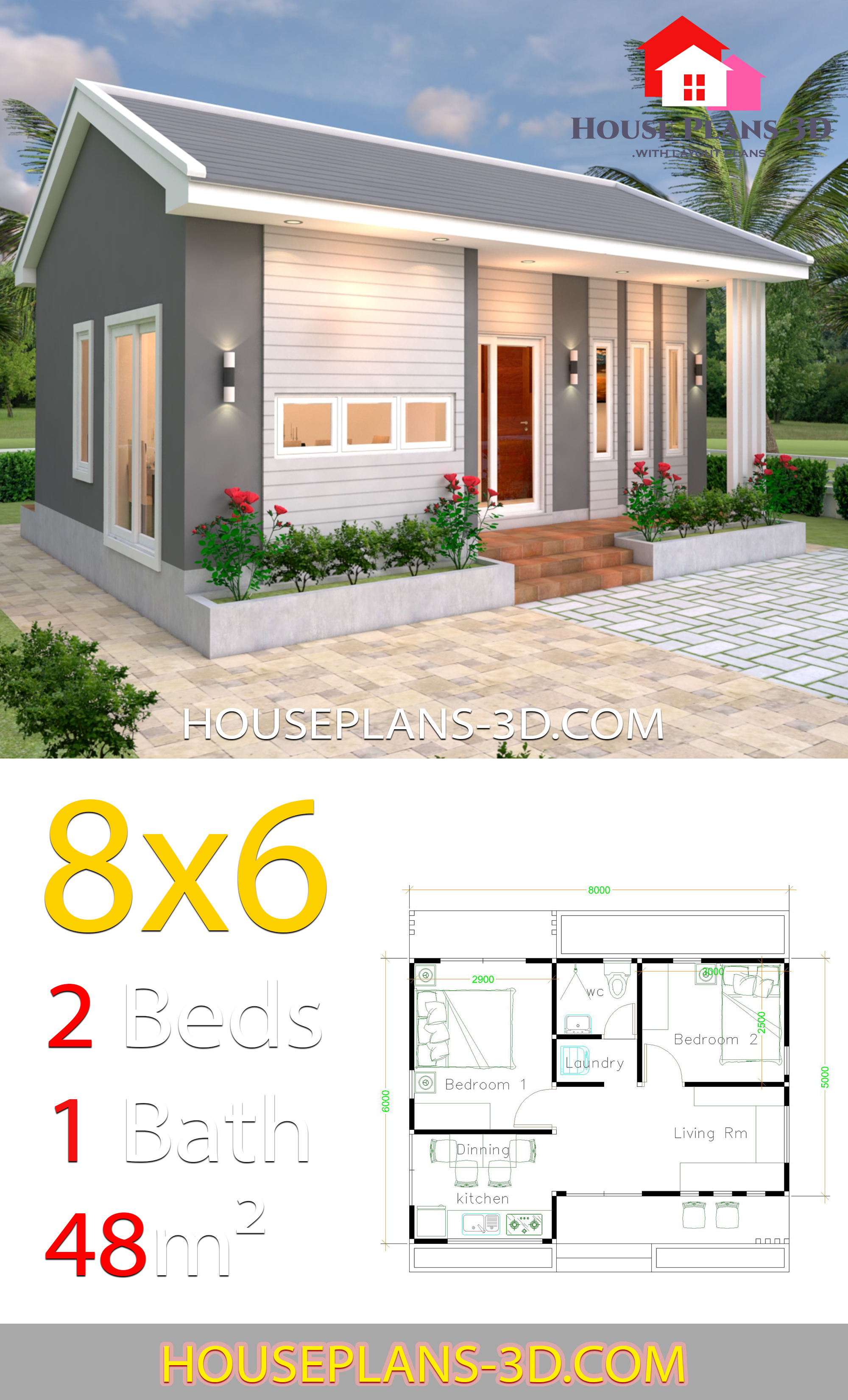 House Design Plans 8x6 with 2 Bedrooms 3d 4