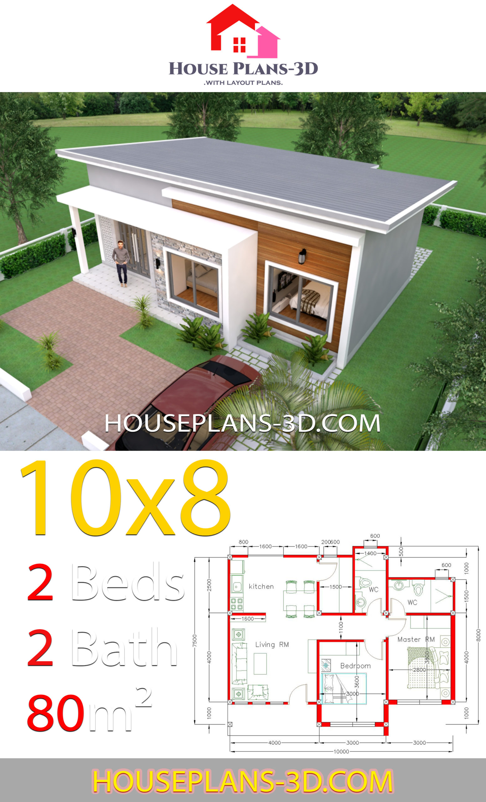 House Plans 10x8 with 2 Bedrooms Shed Roof - House Plans 3D