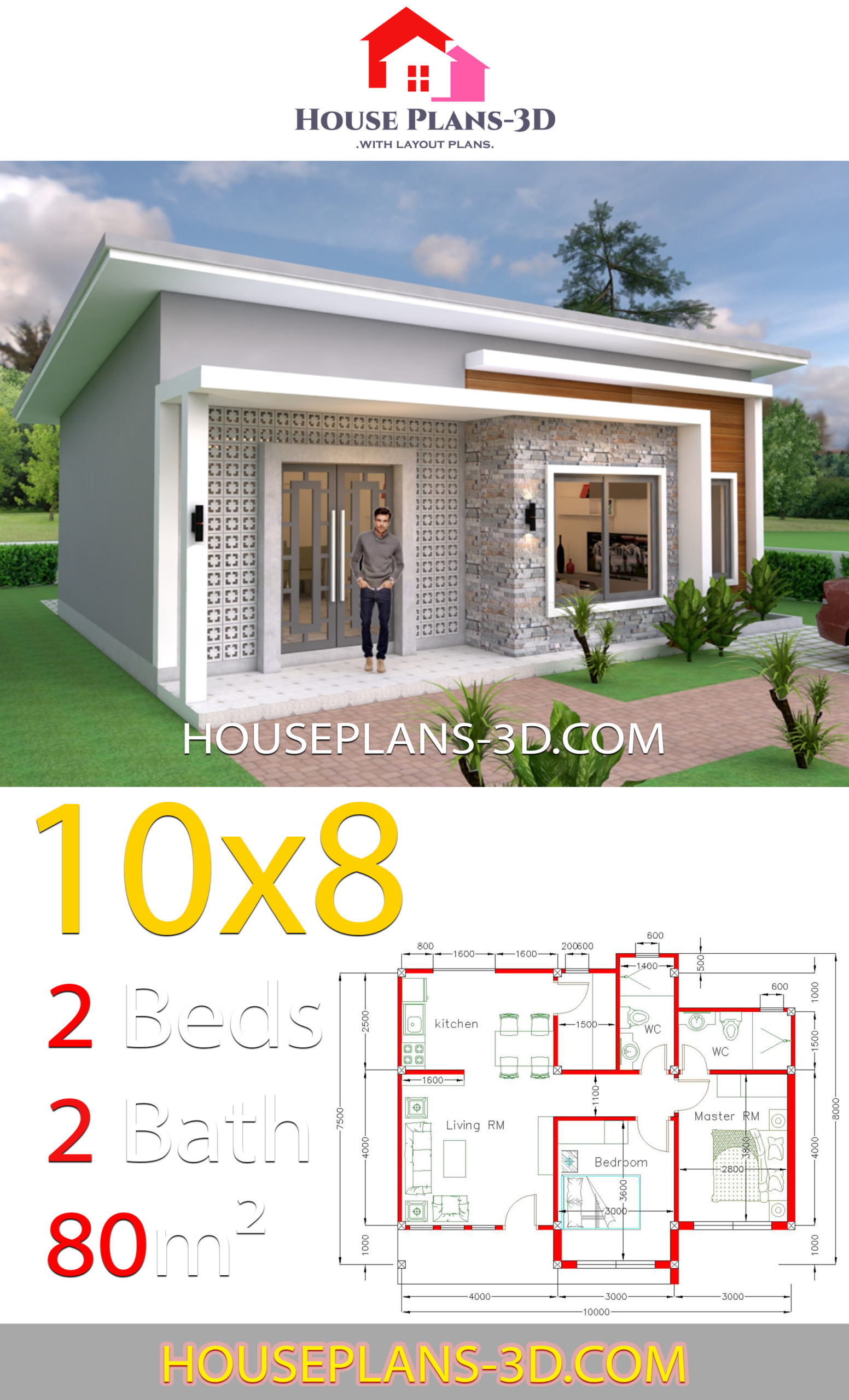 House Plans 10x8 with 2 Bedrooms Shed Roof 2