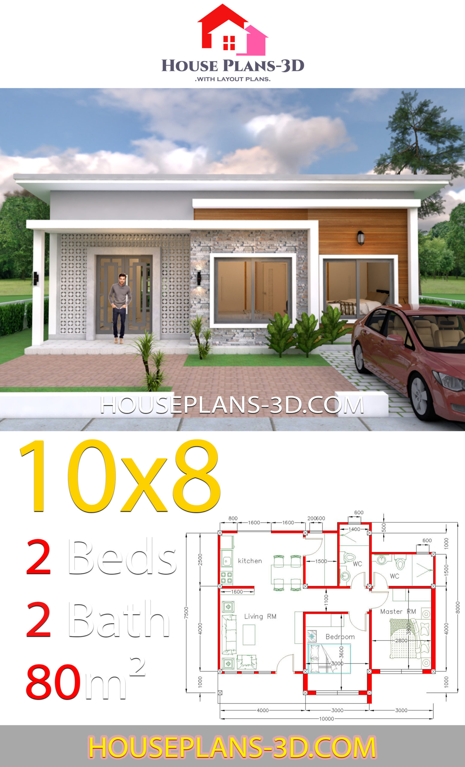 House Plans 10x8 with 2 Bedrooms Shed Roof 3