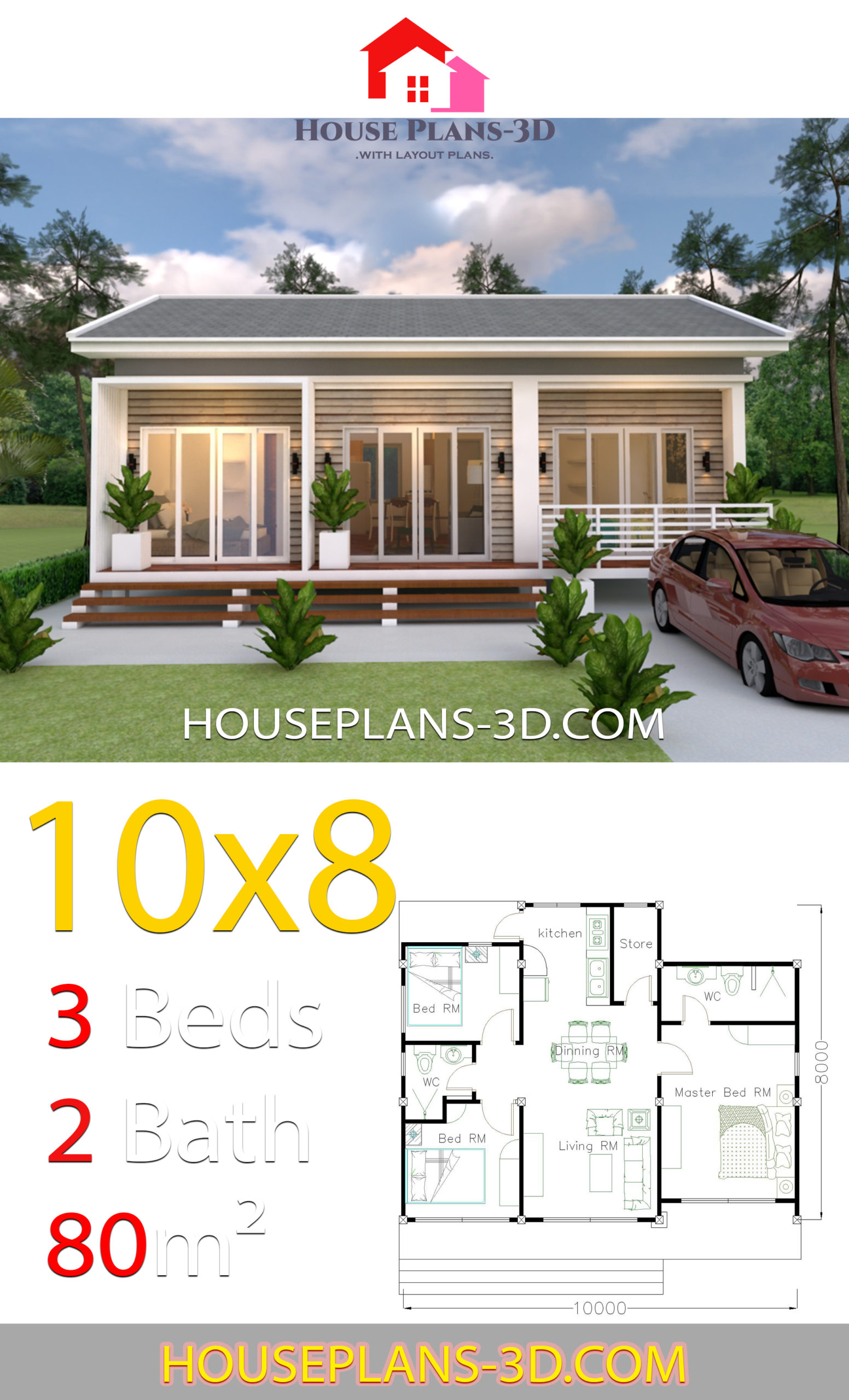 House Plans 10x8 with 3 Bedrooms Gable Roof 1