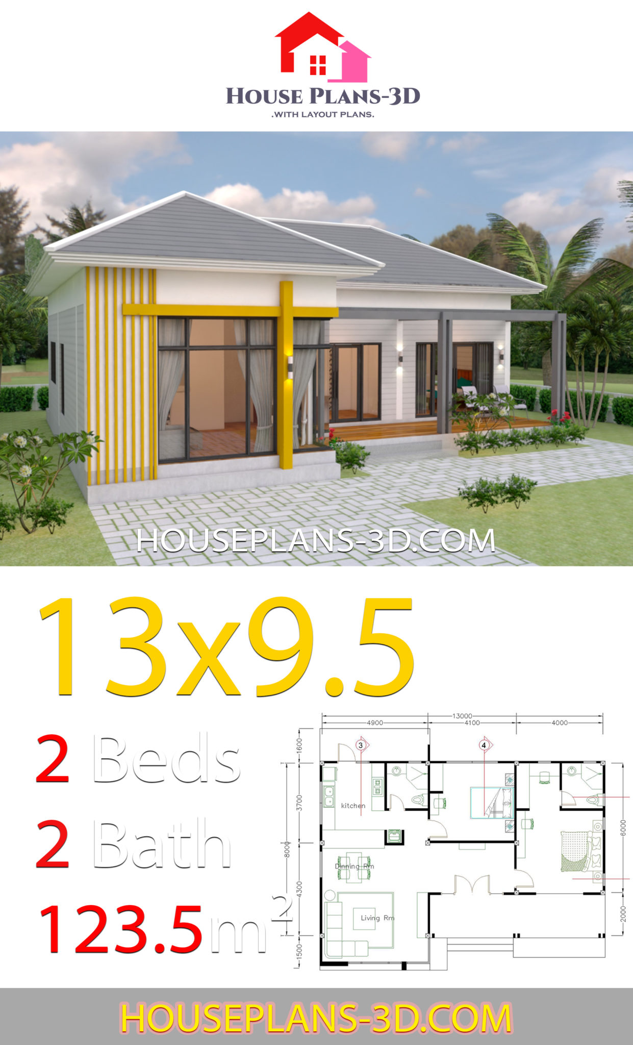 House Plans 13x9.5 with 2 Bedrooms Hip roof - House Plans 3D