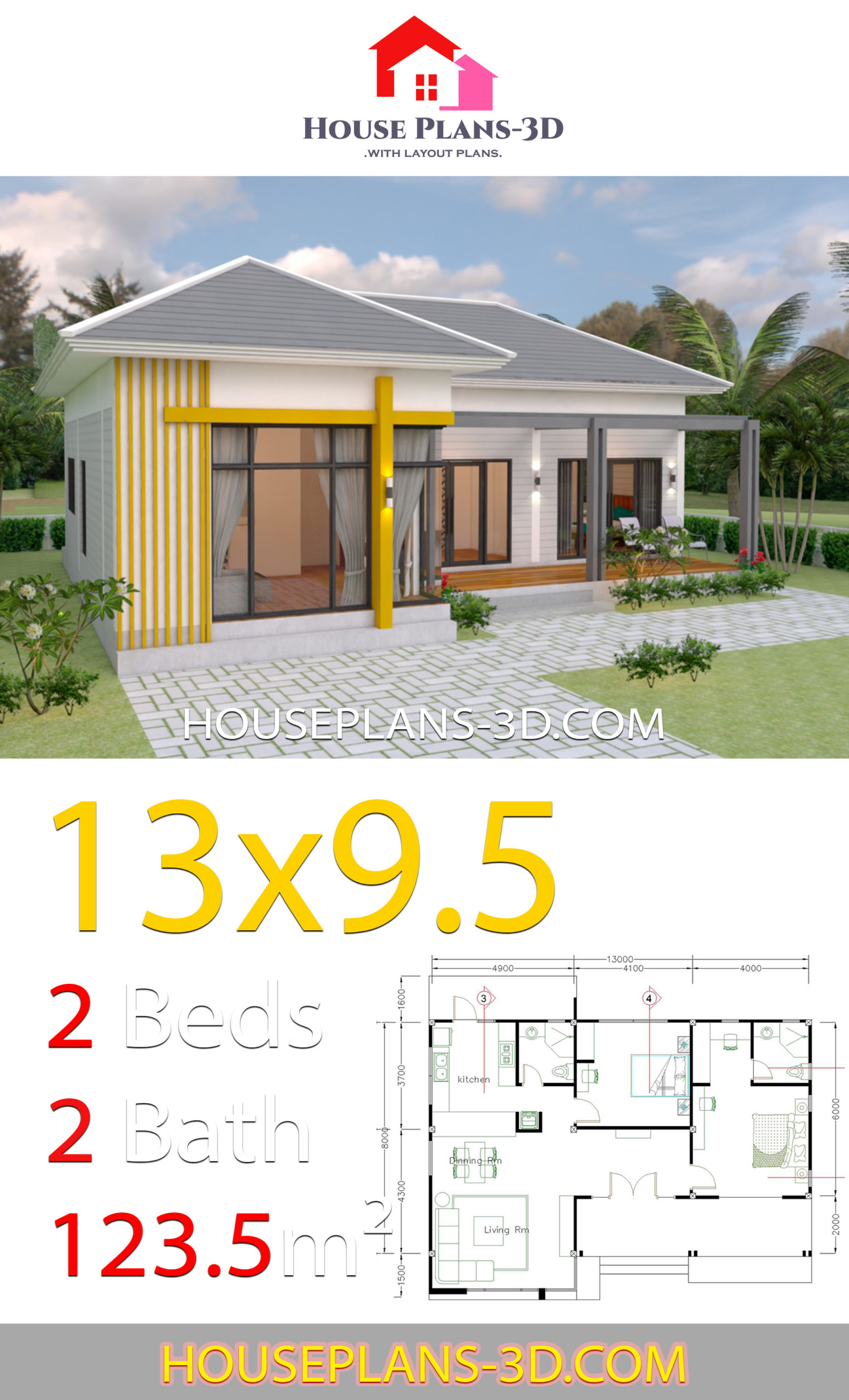 House Plans 13x9.5 with 2 Bedrooms Hip roof 3d 2