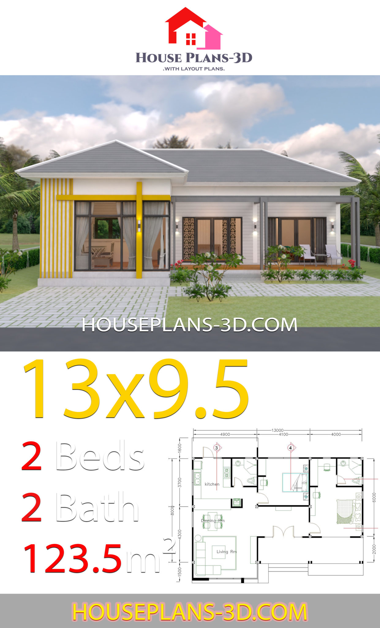 House Plans 13x9.5 with 2 Bedrooms Hip roof - House Plans 3D