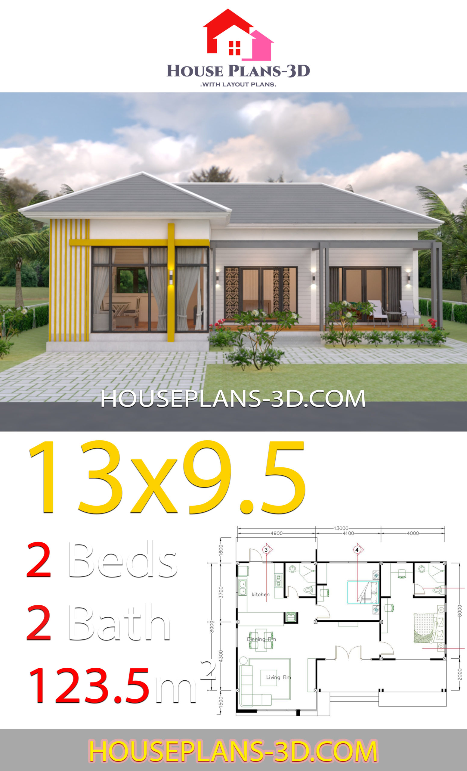 House Plans 13x9.5 with 2 Bedrooms Hip roof 3d 1