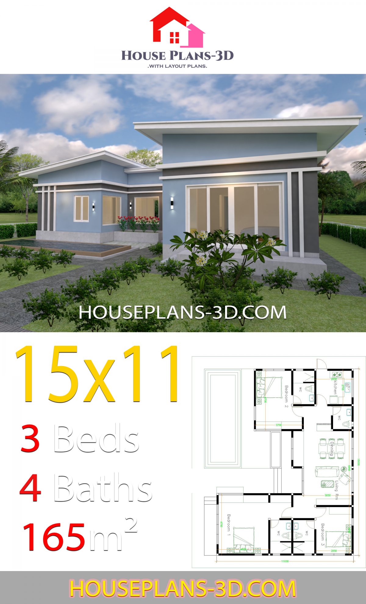 House Plans 15x11 With 3 Bedrooms Slope Roof House Plans 3d