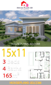 House Plans 15x11 with 3 Bedrooms Slope roof - House Plans 3D