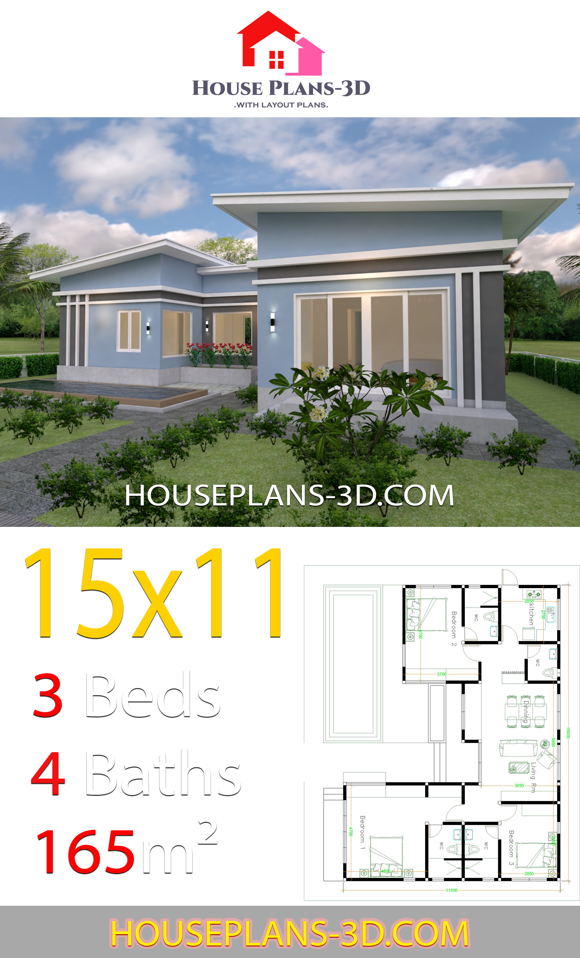 House Plans 15x11 with 3 Bedrooms Slope roof 3d 1