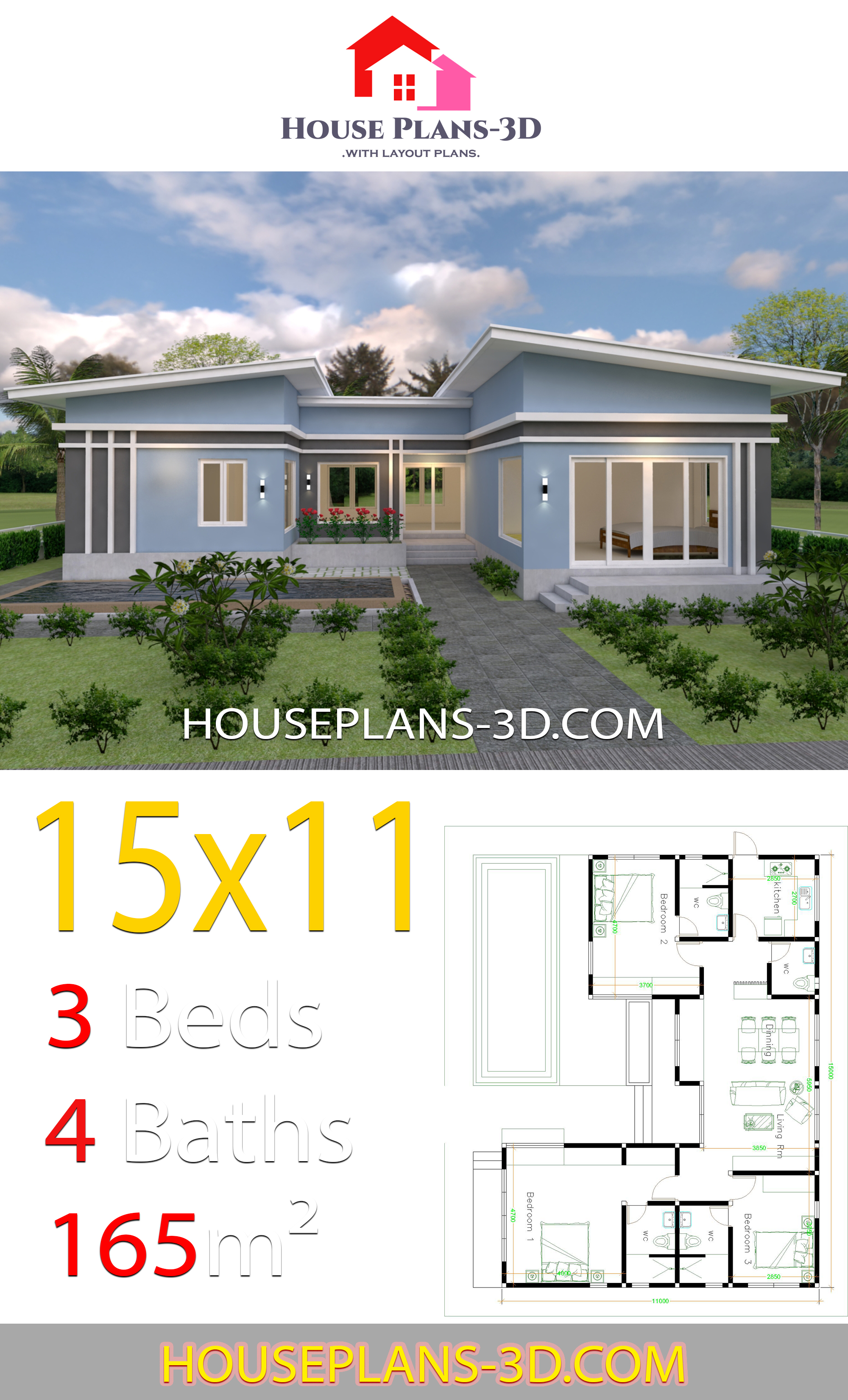 House Plans 15x11 with 3 Bedrooms Slope roof 3d 2