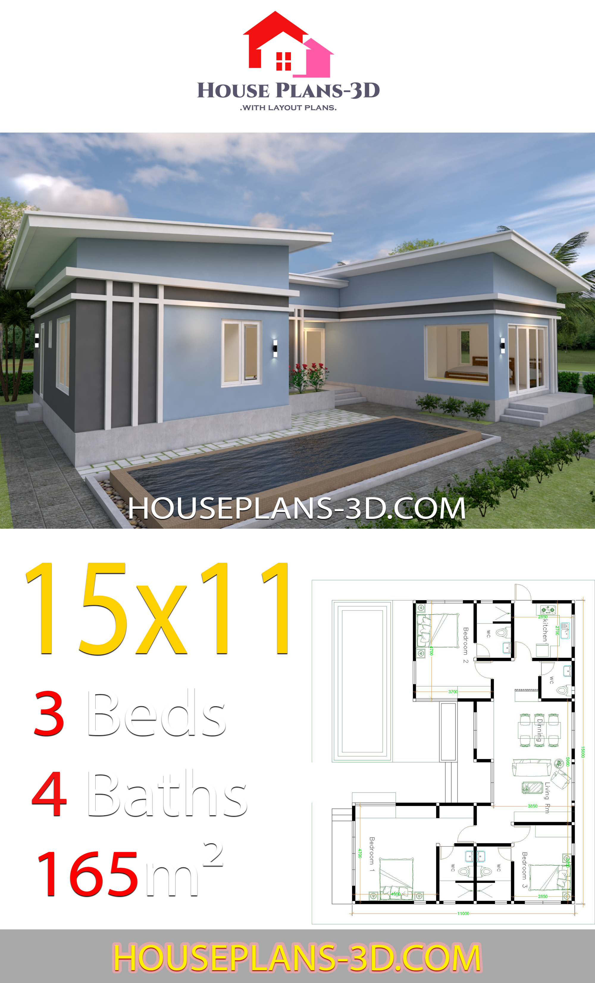 House Plans 15x11 with 3 Bedrooms Slope roof 3d 3