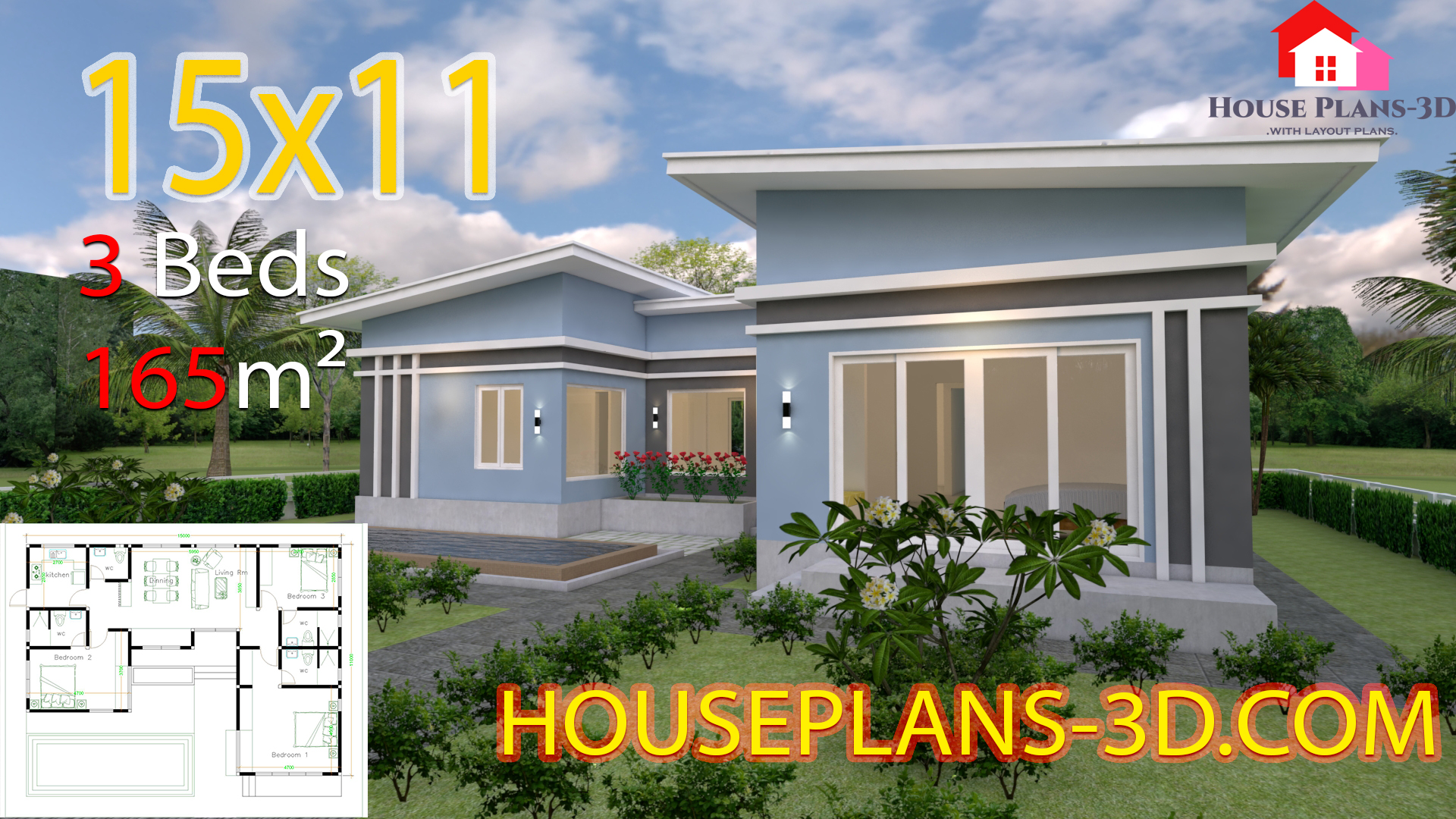 House Plans 15x11 with 3 Bedrooms Slope roof - House Plans 3D