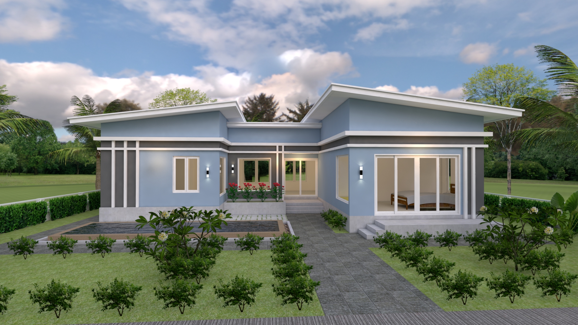 House Plans 15x11 with 3 Bedrooms Slope roof House Plans 3D