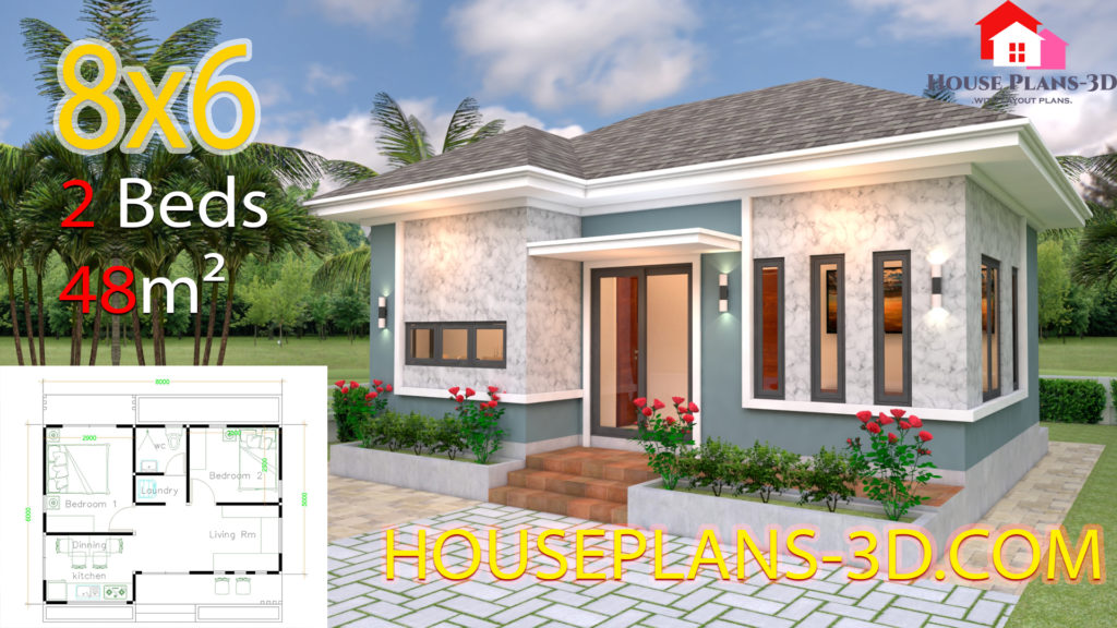 House Plans 3d 8x6 with 2 Bedrooms Hip roof - House Plans 3D