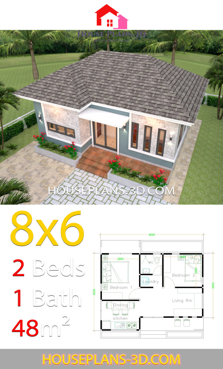 House Plans 3d 8x6 with 2 Bedrooms Hip roof - House Plans 3D