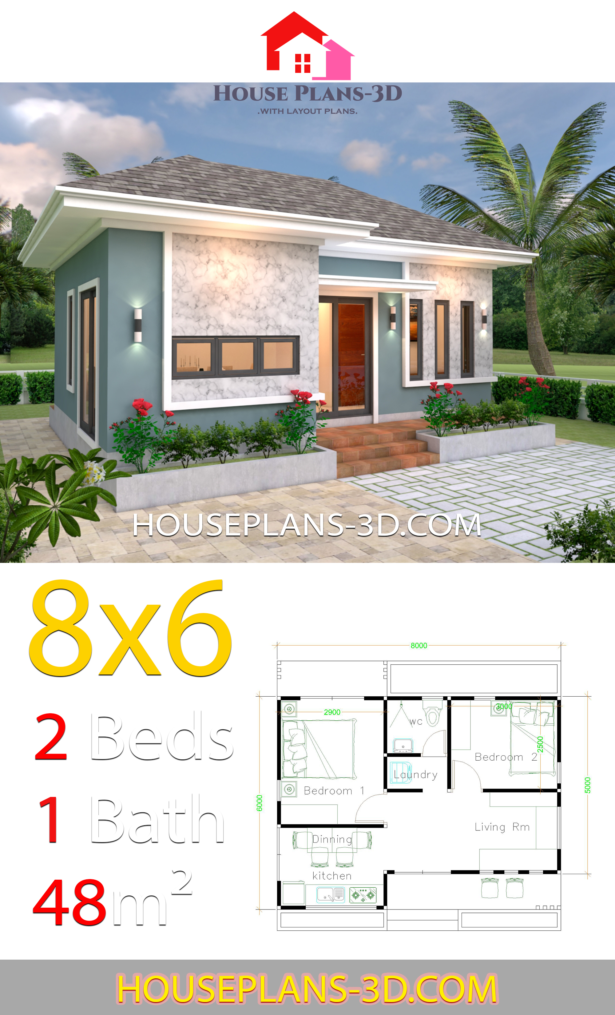 House Plans 3d 8x6 with 2 Bedrooms Hip roof 3d 1