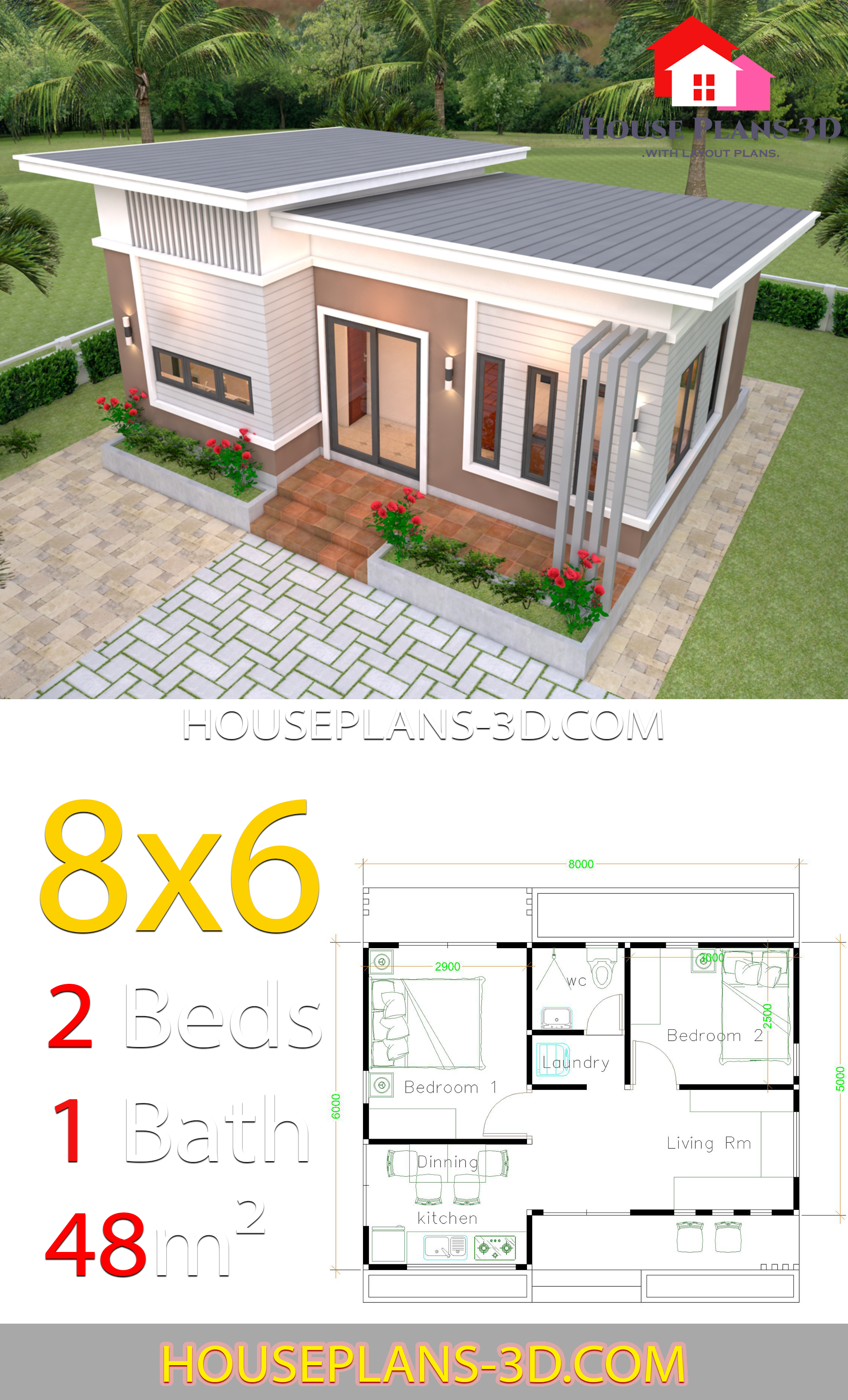House Plans 8x6 with 2 Bedrooms Slope roof - House Plans 3D