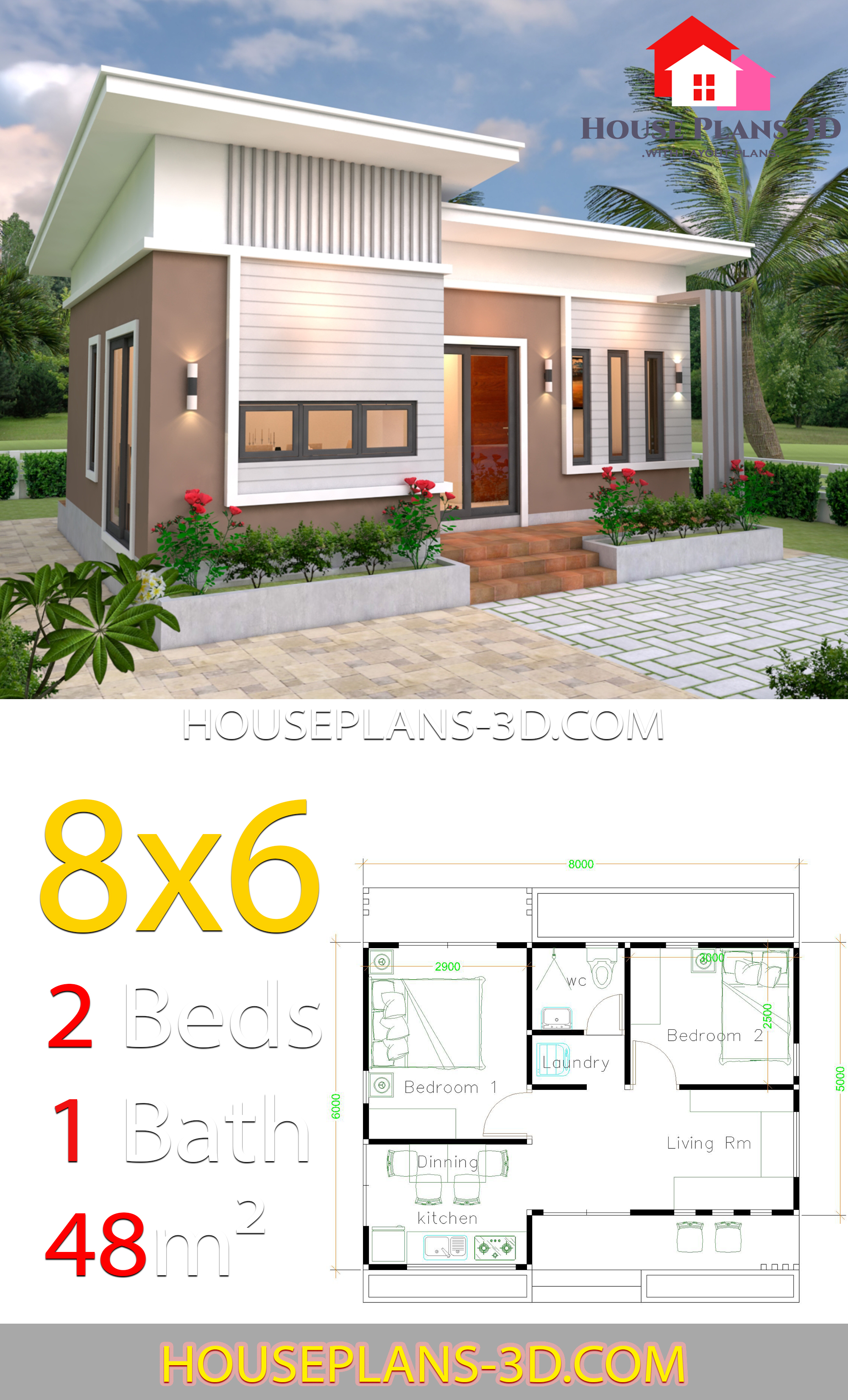 House Plans 8x6 with 2 Bedrooms Slope roof 3d 3