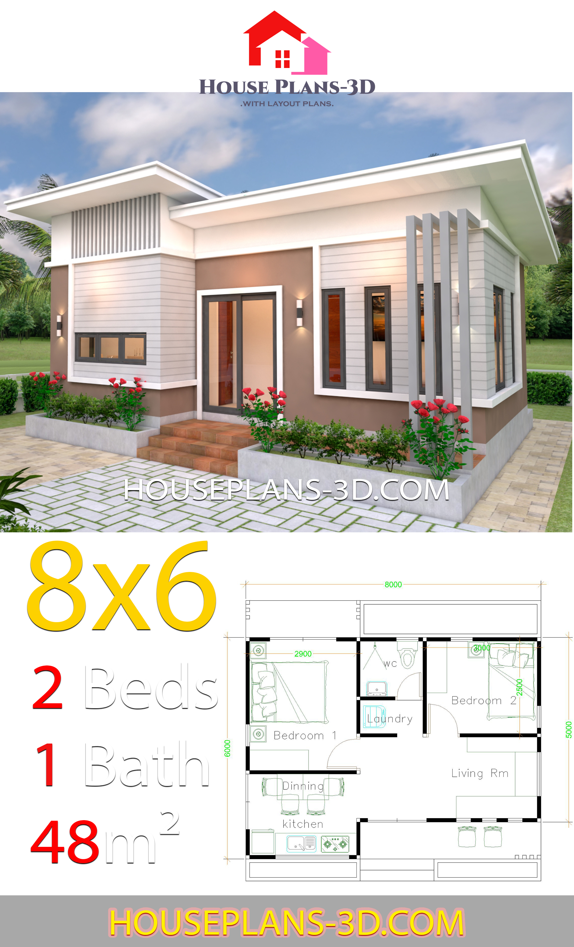 House Plans 8x6 with 2 Bedrooms Slope roof 3d 1
