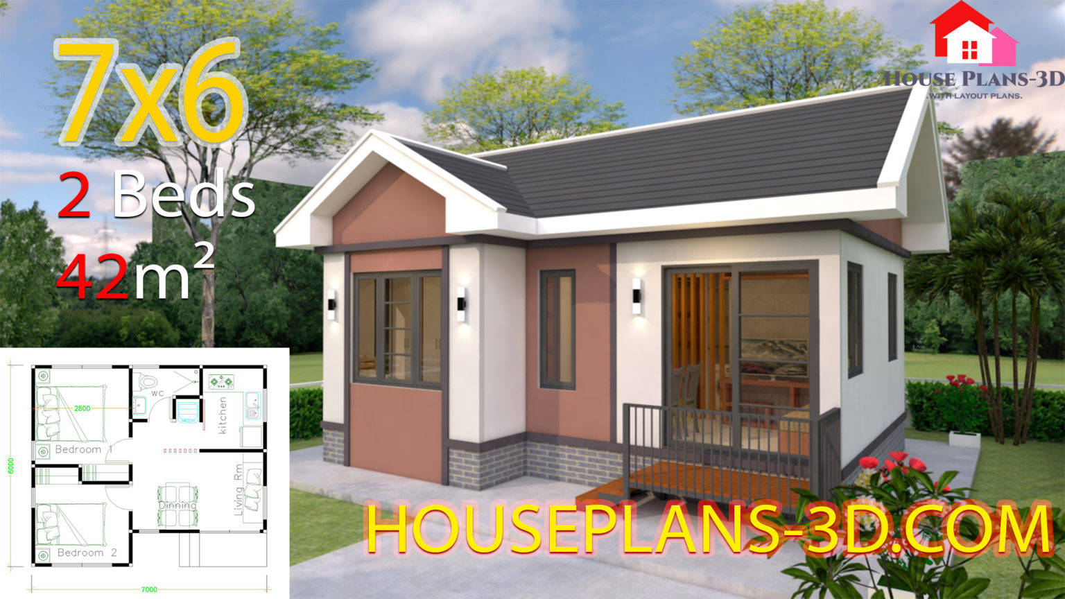 House Plans Design 7x6 With 2 Bedrooms Gable Roof House Plans 3D