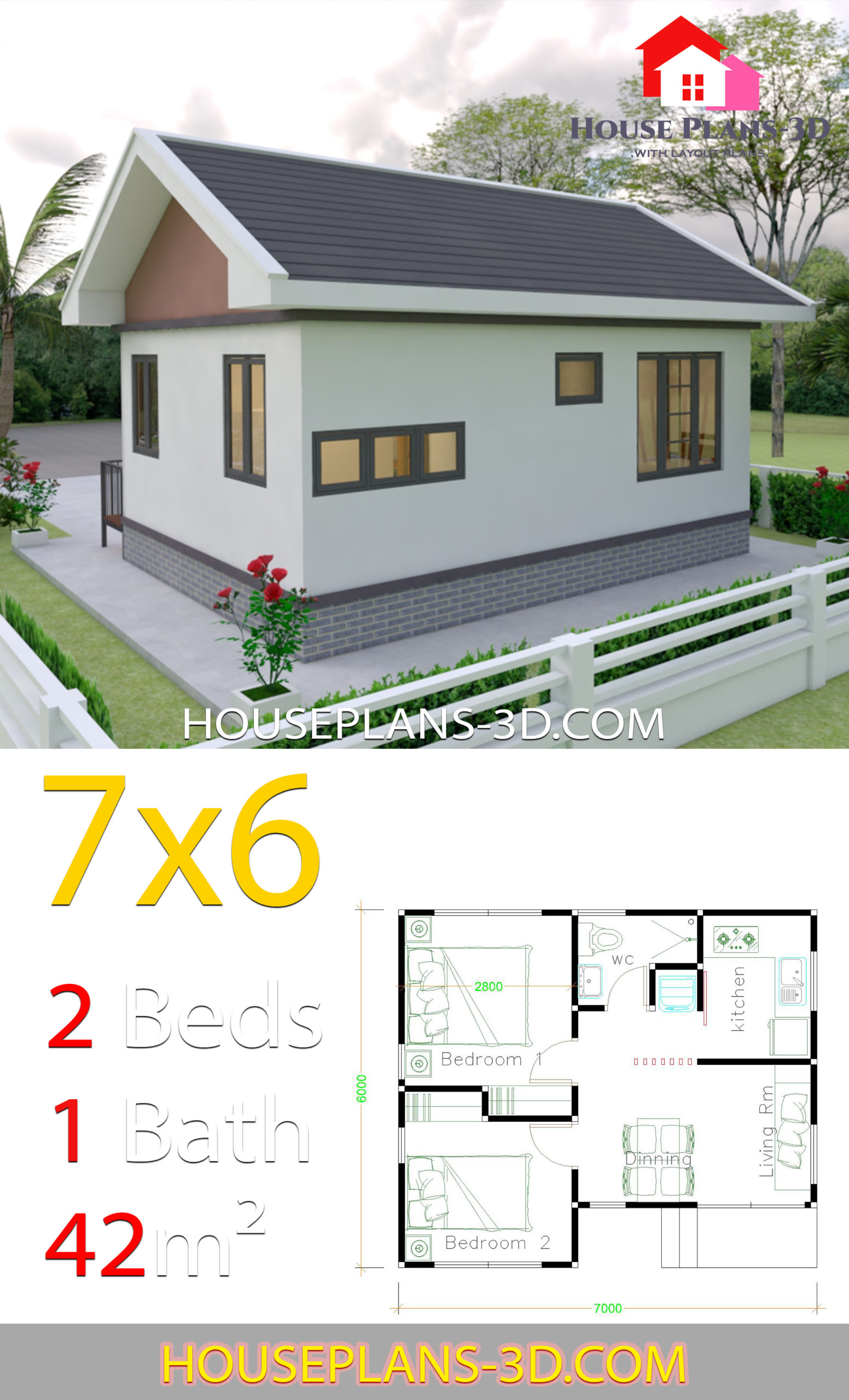 House Plans Design 7x6 with 2 Bedrooms Gable Roof - House Plans 3D