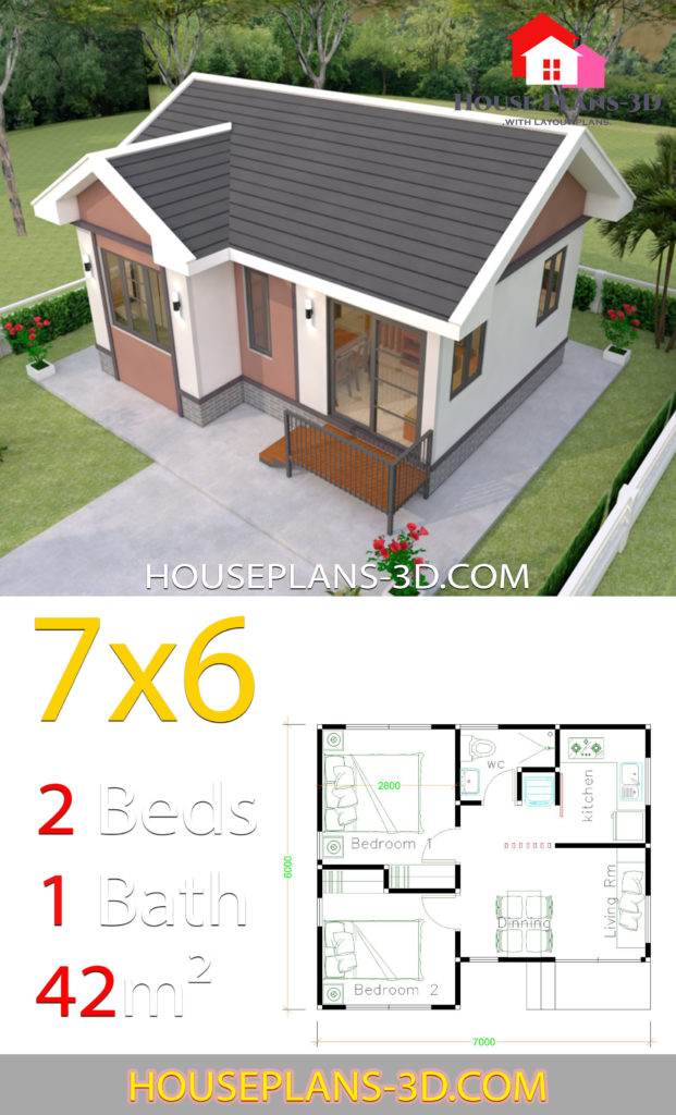 House Plans Design 7x6 with 2 Bedrooms Gable Roof - House Plans 3D