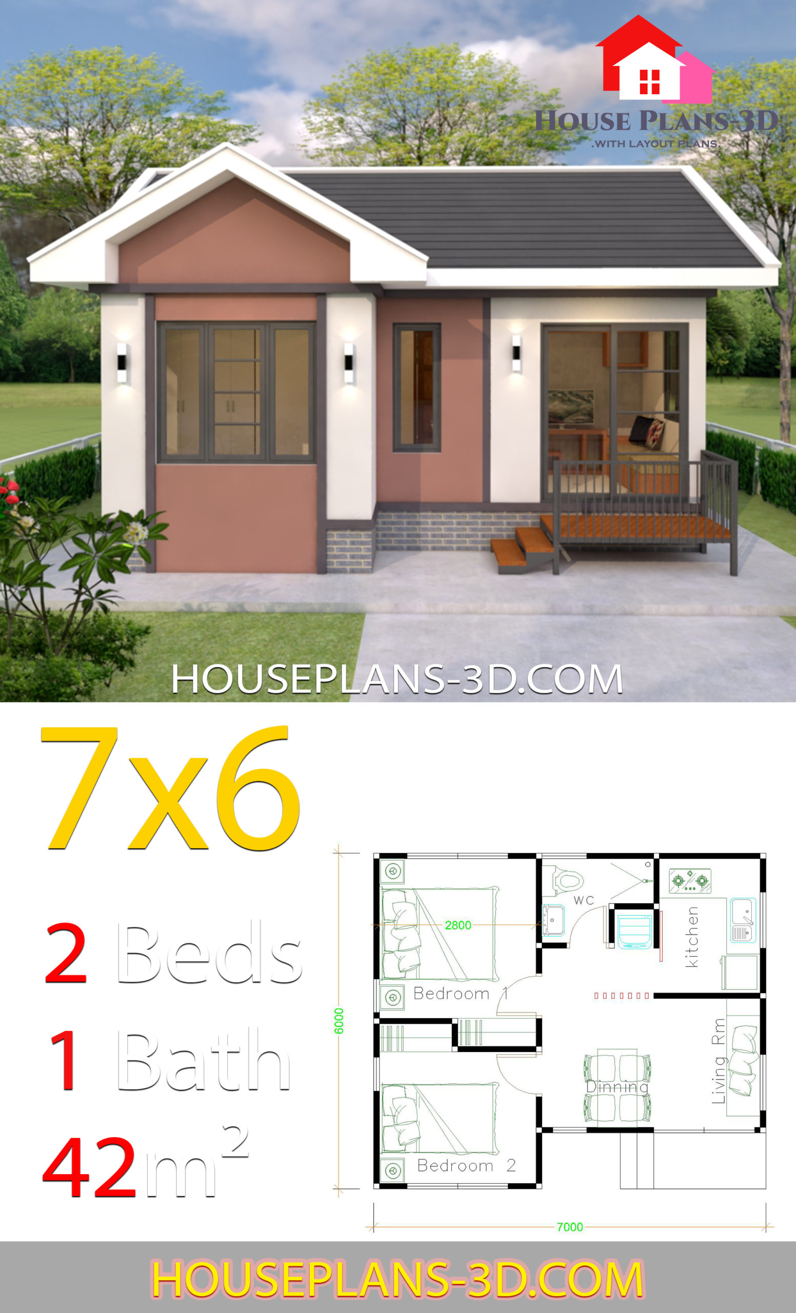 House Plans Design 7x6 with 2 Bedrooms Gable Roof 3d 2