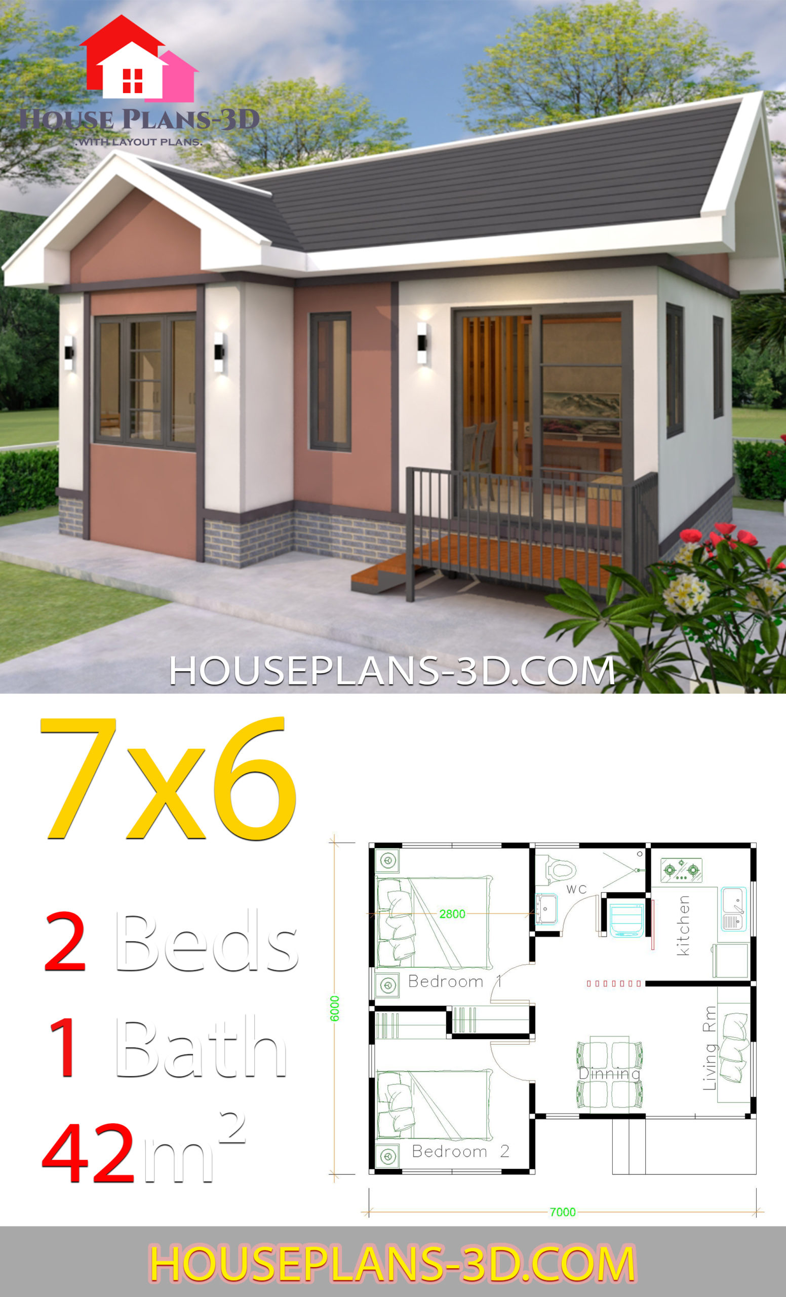 House Plans Design 7x6 with 2 Bedrooms Gable Roof 3d 1