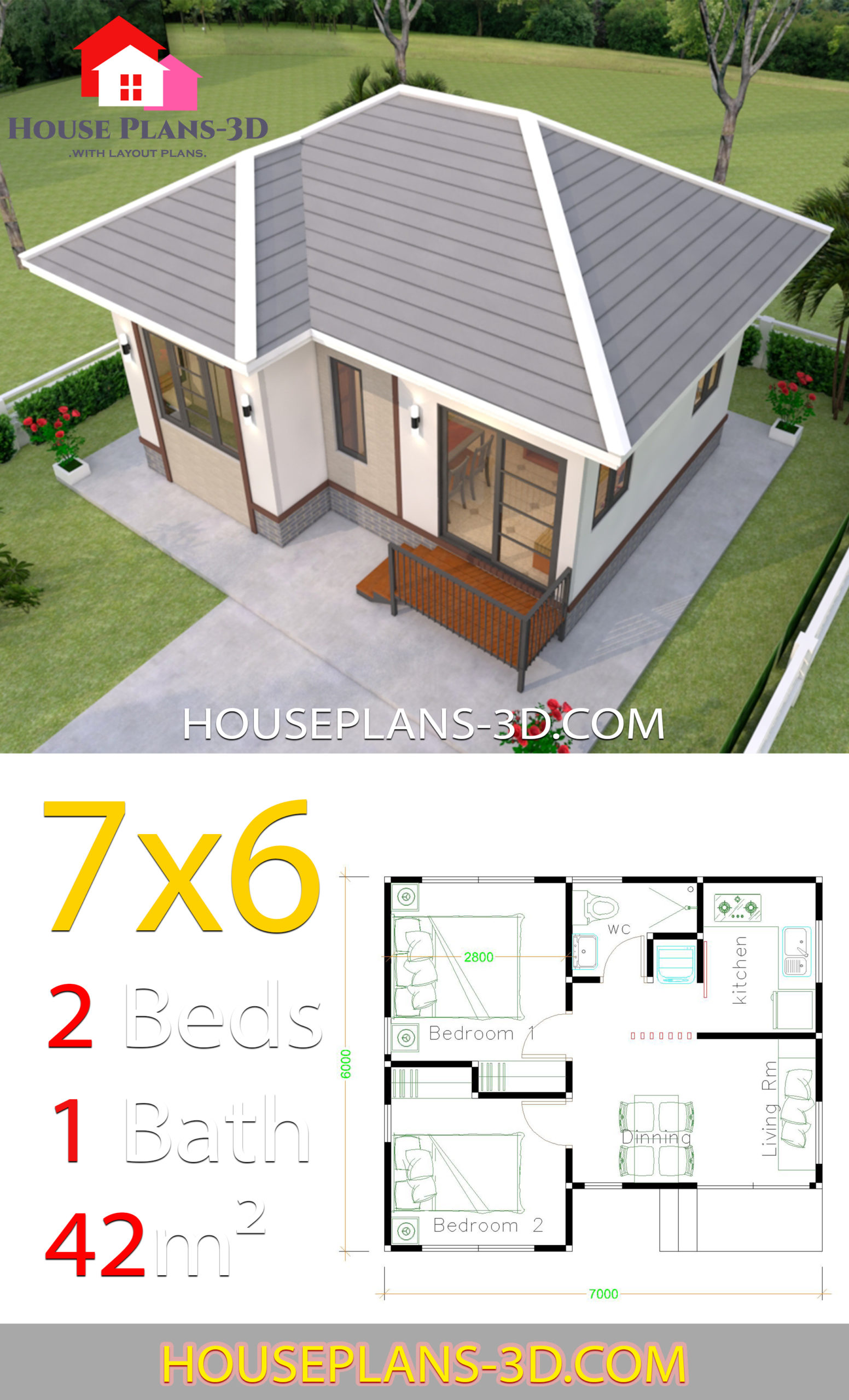 House Plans Design 7x6 with 2 Bedrooms Hip Roof 4