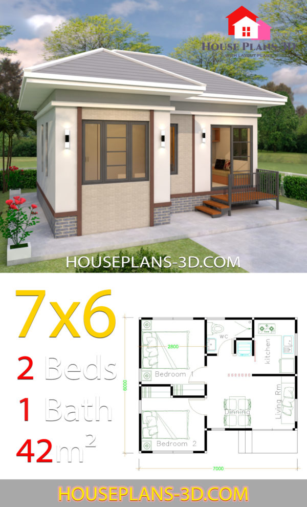 House Plans Design 7x6 with 2 Bedrooms Hip Roof - House Plans 3D