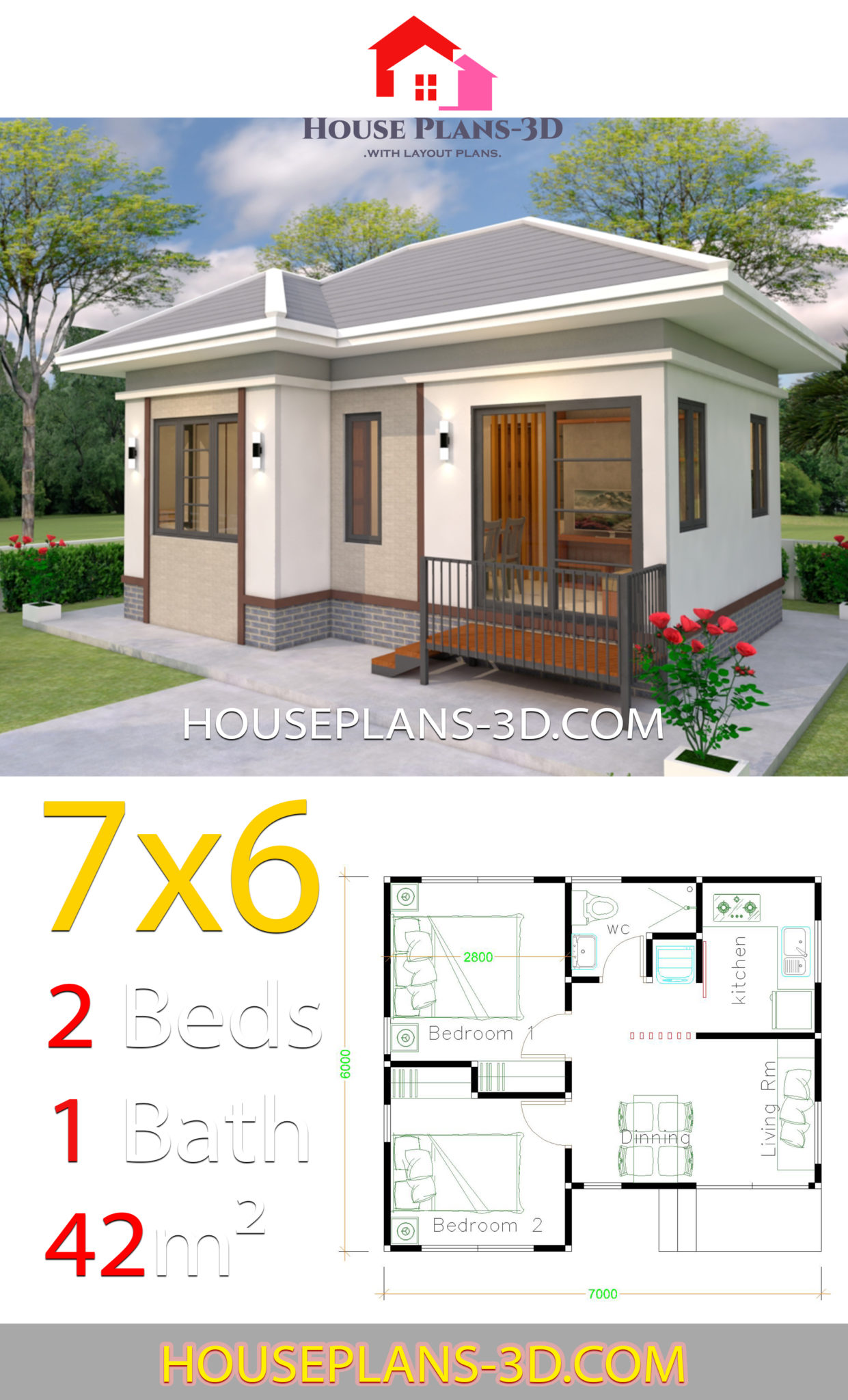 7x6 Rows House Plans Design 7x6 with 2 Bedrooms Hip Roof - House Plans 3D