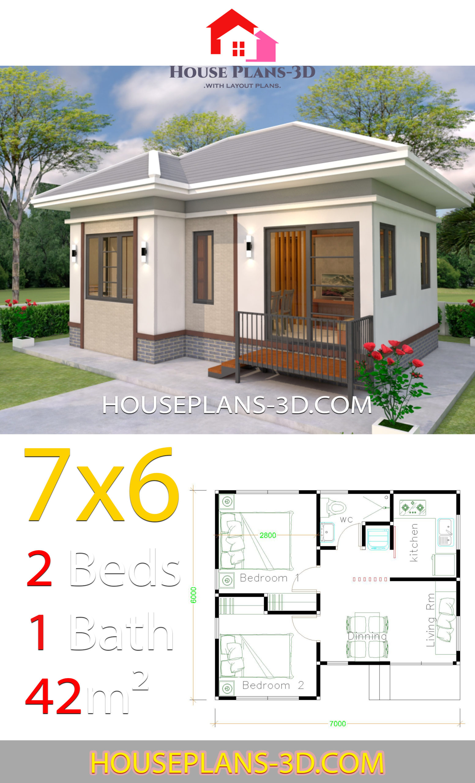 House Plans Design 7x6 with 2 Bedrooms Hip Roof 2