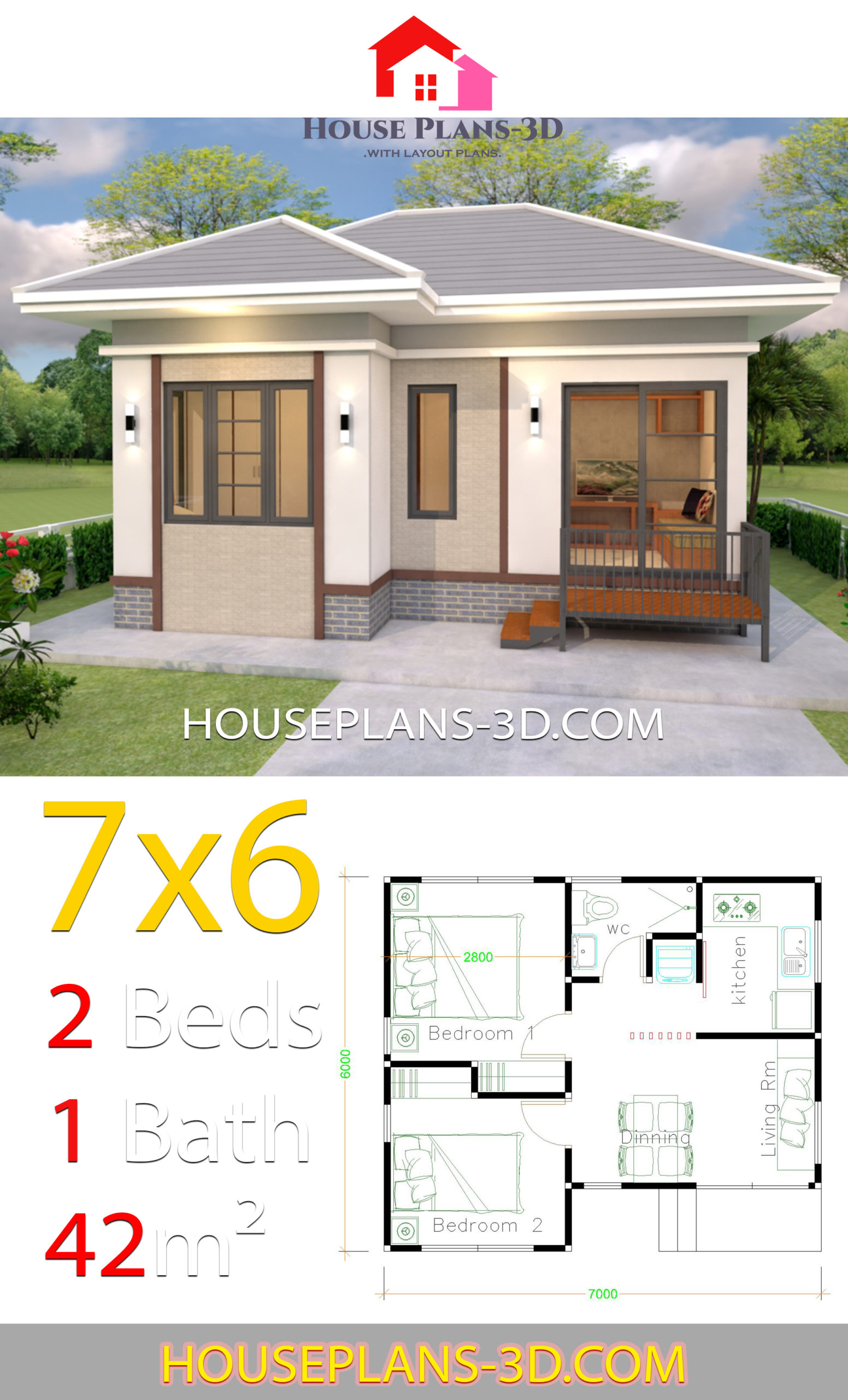 House Plans Design 7x6 with 2 Bedrooms Hip Roof 1