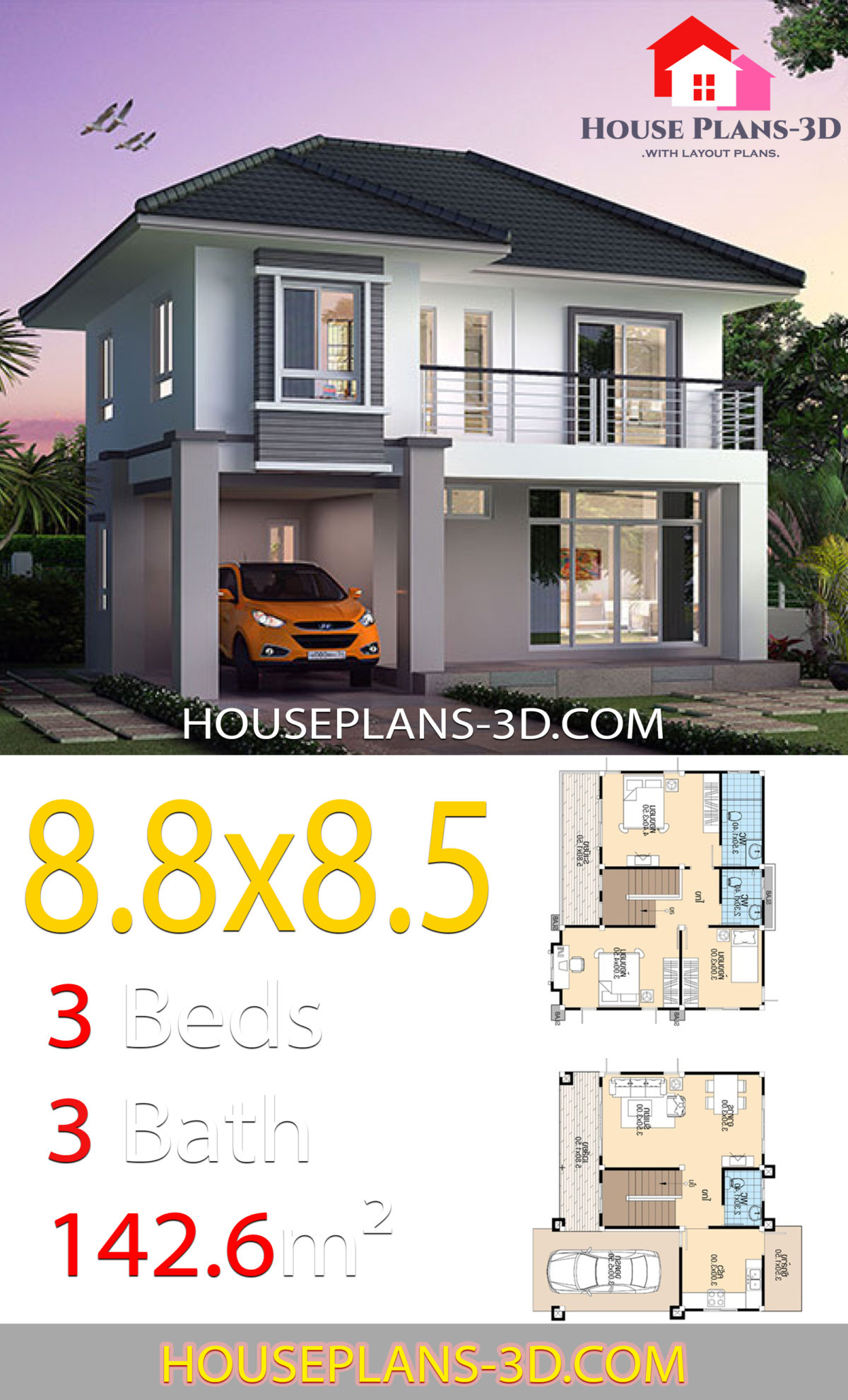 House design 8.8x8.5 with 3 Bedrooms - House Plans 3D