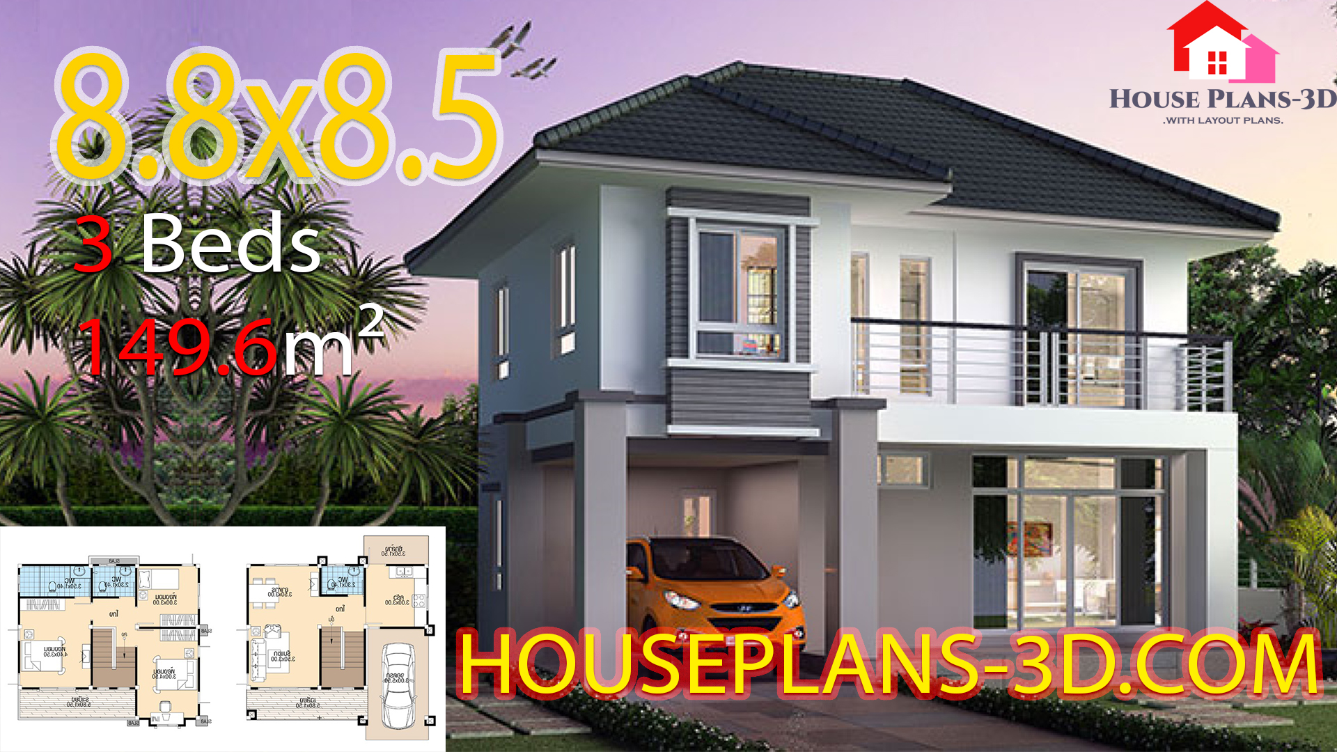 House design 8.8x8.5 with 3 Bedrooms - House Plans 3D