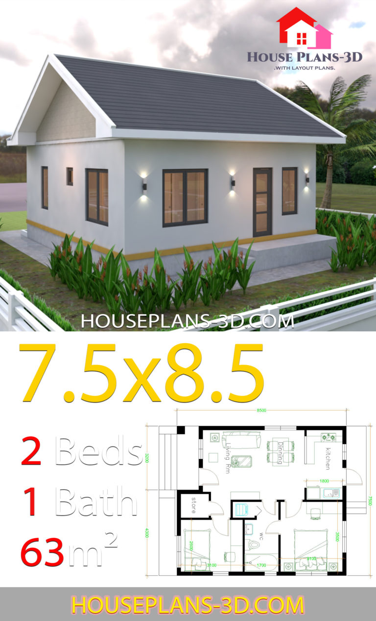 House plans 7.5x8.5m with 2 bedrooms Gable roof - House Plans 3D