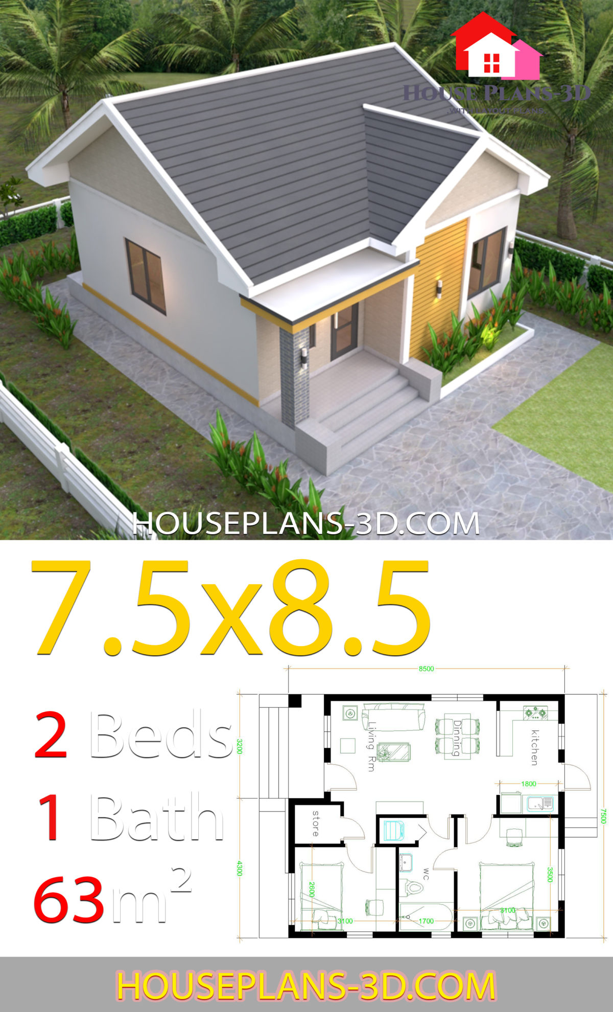 House plans 7.5x8.5m with 2 bedrooms Gable roof - House Plans 3D