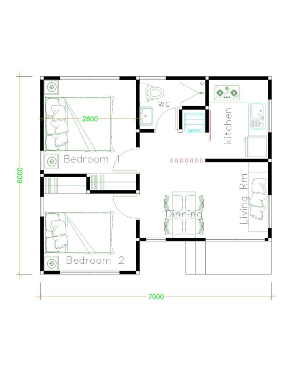 House Plans Design 7x6 with 2 Bedrooms Hip Roof - House Plans 3D