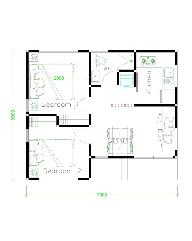 House Plans Design 7x6 with 2 Bedrooms Hip Roof - House Plans 3D