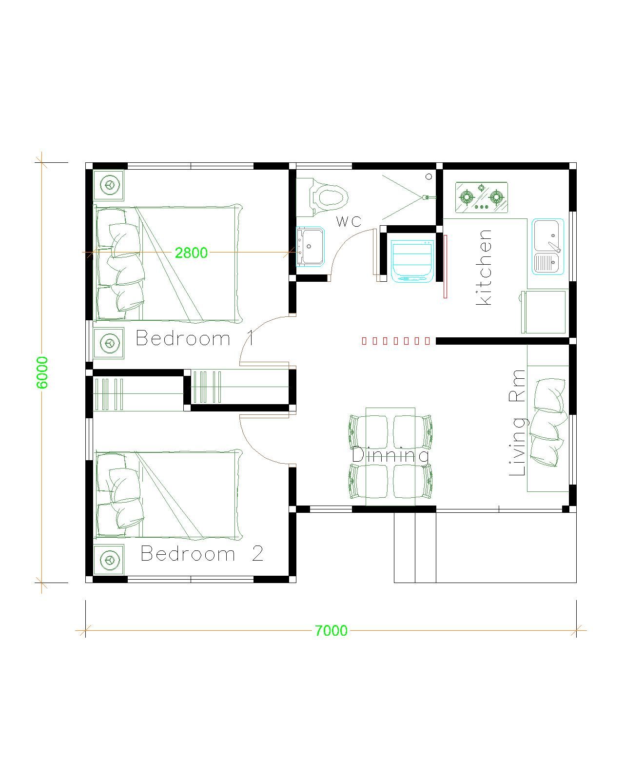 House Plans Design 7x6 with 2 Bedrooms Hip Roof layout floor plan