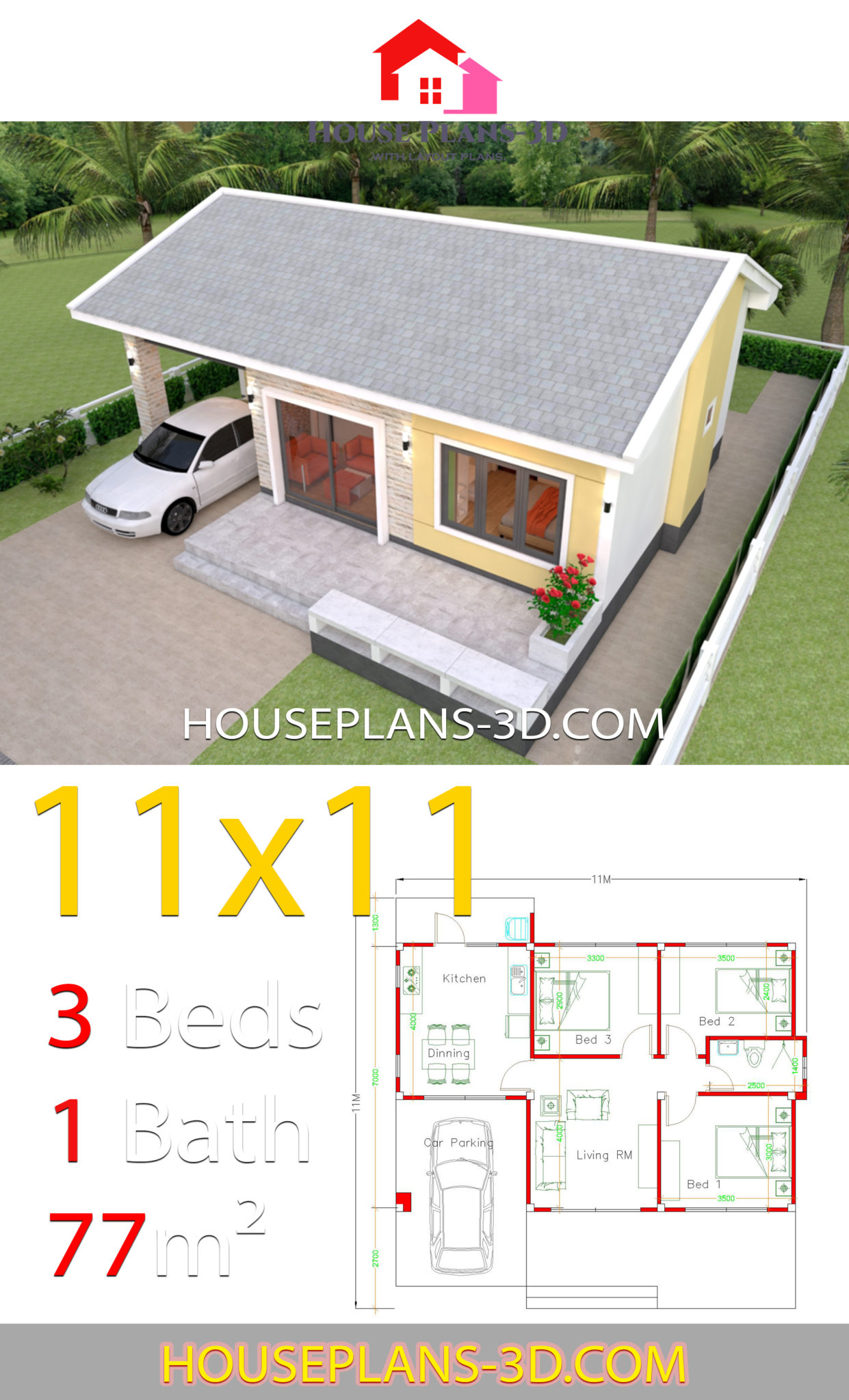 Simple House Design Plans 11x11 with 3 Bedrooms - House Plans 3D