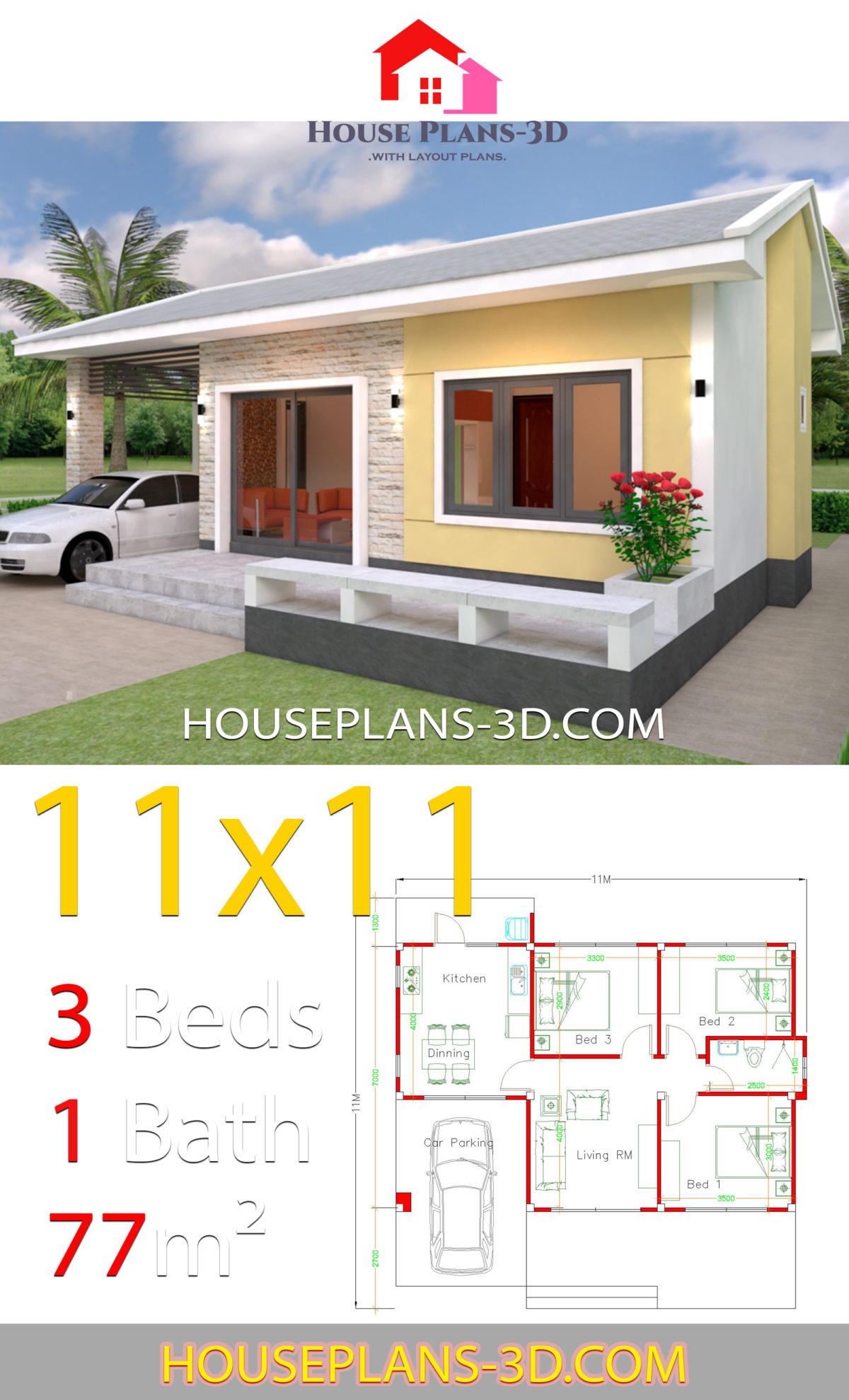 Simple House Design Plans 11x11 with 3 Bedrooms - House Plans 3D