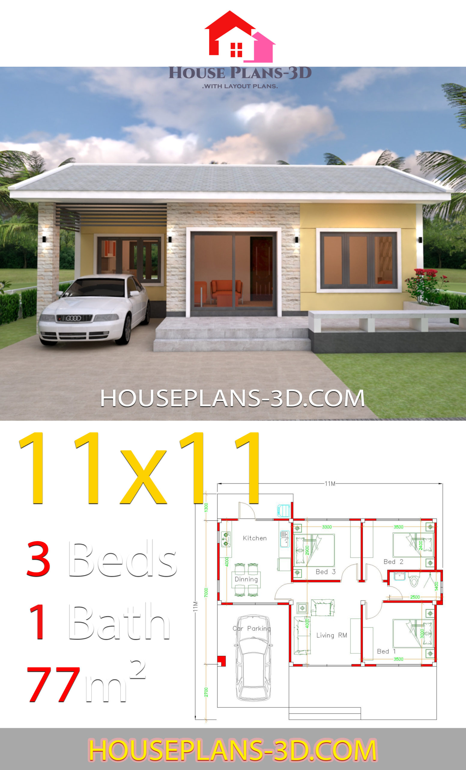 Simple House Design Plans 11x11 with 3 Bedrooms - House Plans 3D