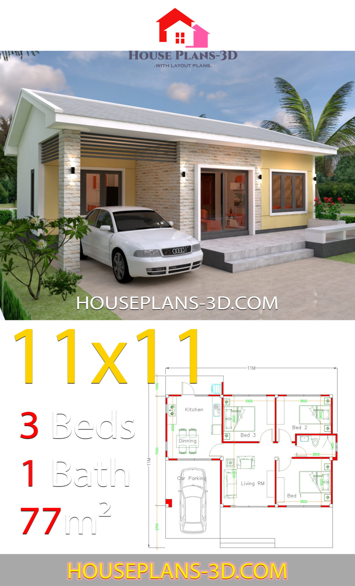 Simple House Design Plans 11x11 with 3 Bedrooms - House Plans 3D