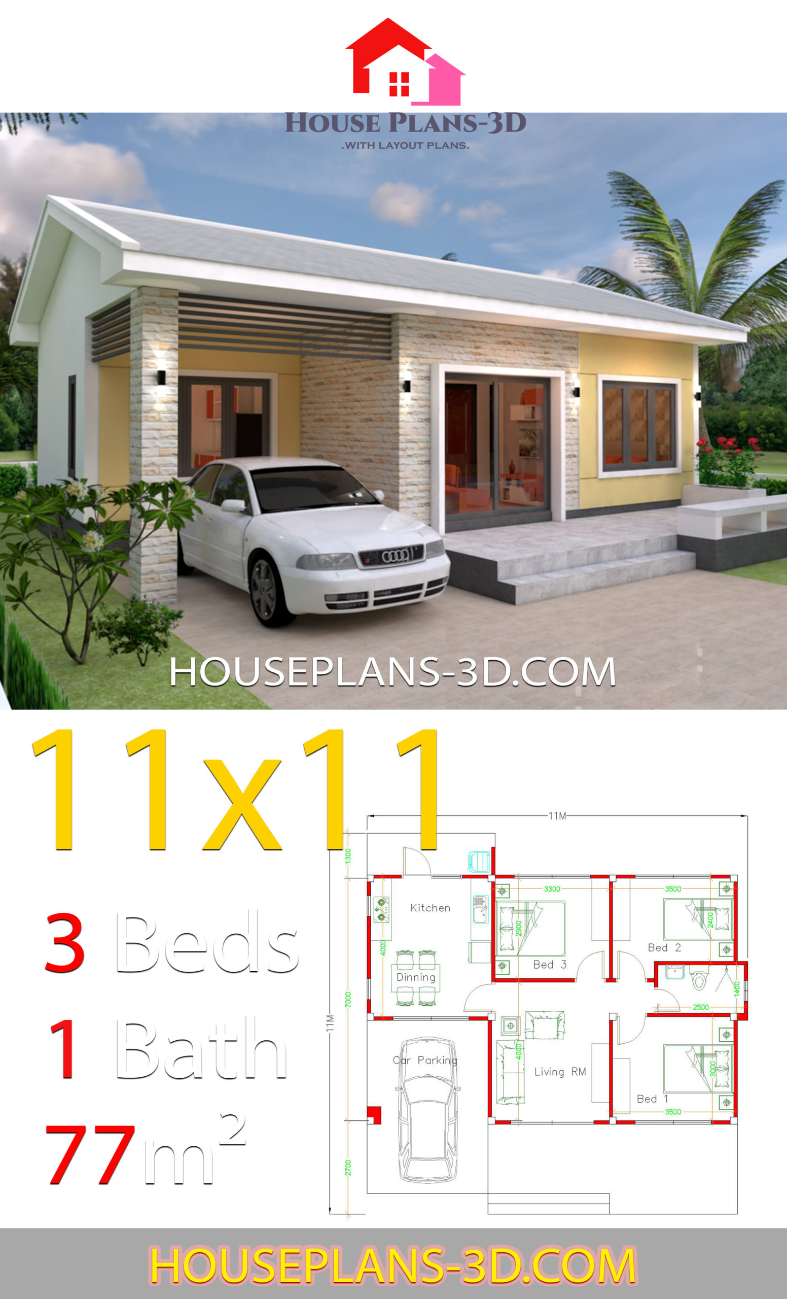 Simple House Design Plans 11x11 with 3 Bedrooms