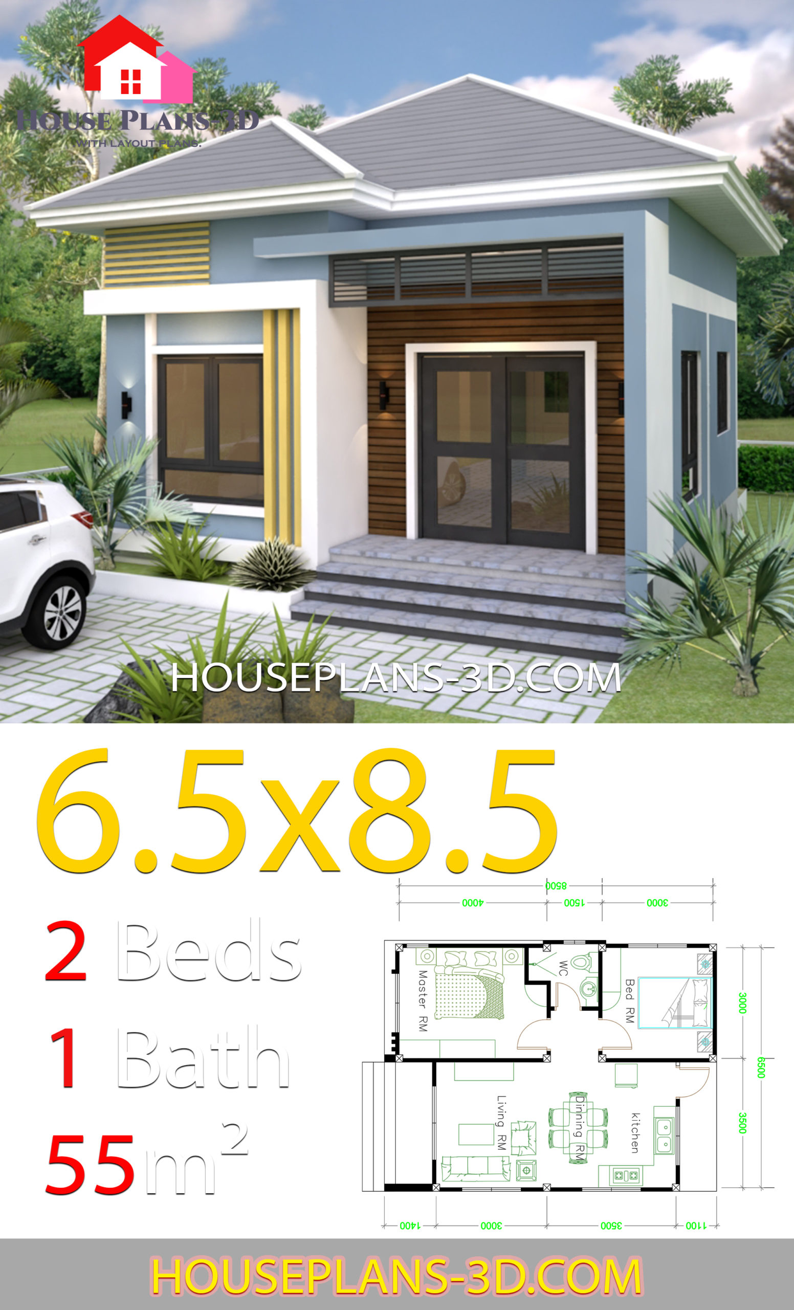 Small House Design 6.5x8.5 With 2 Bedrooms Hip roof right